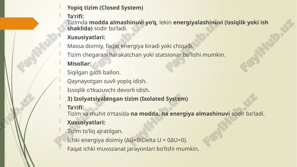 . ya’ni, jismga issiqlik berilsa yoki u bilan ish bajarilsa, uning ichki energiyasi ortadi. 2-qonun — entropiya va jarayon yo‘nalishi mazmuni: issiqlik o‘z-o‘zidan har doim issiq jismdan sovuq jismga o‘tadi. tabiatda qaytmas jarayonlar ustunlik qiladi. kelvin ifodasi: bitta issiqlik manbaidan issiqlik olib, uni to‘liq ishga aylantiruvchi mashina yaratilmaydi. issiqlik dvigateli: gaz issiqlik manbaidan energiya olib, ish bajaradi, bir qismi sovuq muhitga chiqadi. muzning erishi, gazning tarqalishi — entropiya ortadi. 3-qonun — absolyut nol va entropiya minimumi mazmuni: temperatura 0 k (absolyut nol) ga yaqinlashganda, tizim entropiyasi nolga yaqinlashadi. absolyut nol – 0 k = −273.15°c bu nuqtada zarrachalar harakati to‘xtaydi. amalda bu temperatura erishib bo‘lmaydi, faqat yaqinlashish mumkin. amaliy ahamiyat: yuqori aniqlikdagi sovitish tizimlari (kriogenika, kvant fizika). supero‘tkazuvchanlik, super suyuqlik hodisalari shu sharoitda yuz beradi. termodinamik qonunlar o‘rtasidagi bog‘liqlik qonun asosiy mazmun natija 0-qonun temperatura muvozanati harorat o‘lchash mumkin 1-qonun energiya saqlanadi q, a, δu o‘zaro bog‘liq 2-qonun jarayon yo‘nalishi, …