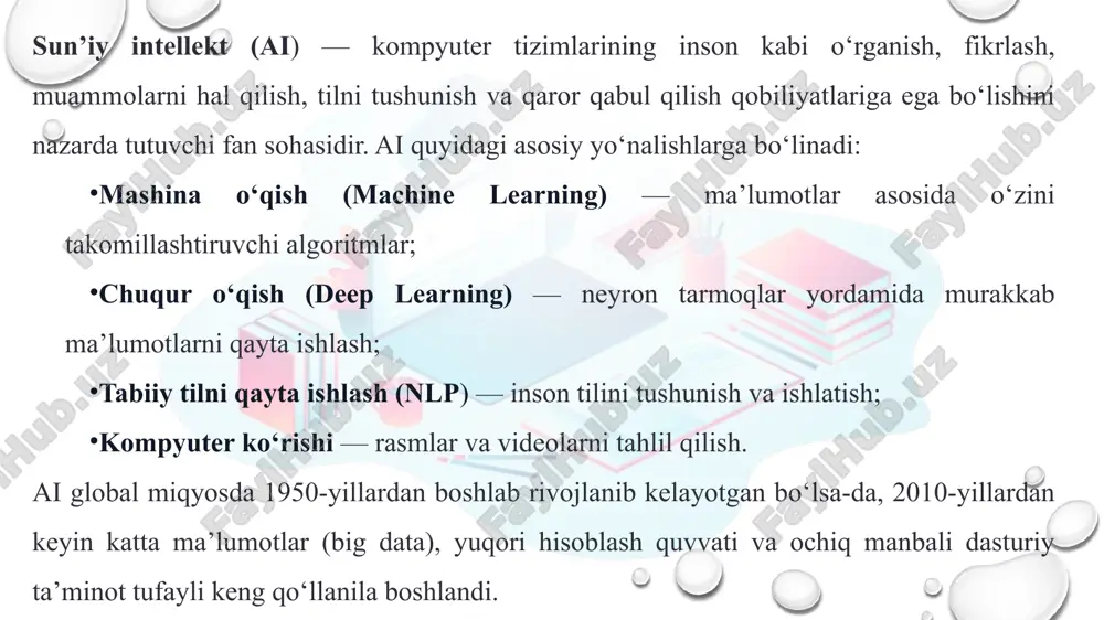 rqali ishlab chiqarish xarajatlari 15–20% kamayishi kutilmoqda. davlat byudjeti ai loyihalariga 2024–2025 yillarda 500 mln aqsh ajratdi. startuplar soni: 2022-yilda 12 ta → 2025-yilda 50+ ta (ai yo‘nalishida). xalqaro taqqoslash: o‘zbekiston ai indeksi mamlakat ai rivojlanish indeksi (2024) ai sarmoyasi (% gdp) aqsh 92 1.8% xitoy 87 2.1% janubiy koreya 81 1.2% o‘zbekiston 48 0.3% ma’lumotlarning maxfiyligi – ma’lumotlar yig‘ishda fuqarolarning roziligi kerak. ai algoritmlaridagi qo‘rquvli tomonlari: biased qarorlar inson ish o‘rinlarini almashtirish o‘zbekistonda ai etikasi to‘g‘risida qonun loyihasi ishlab chiqilmoqda (2025-yil oxirida qabul qilinishi kutilmoqda). ai va axloqiy jihatlar oliy ta’limda ai mutaxassislari tayyorlash tizimi yangi ta’lim standartlari (2023): “sun’iy intellekt asoslari” – majburiy fan “ma’lumotlar tahlili”, “mashina o‘qish” – ixtisoslashtirilgan yo‘nalishlar xalqaro sertifikatlar: google ai, coursera, edx kurslariga ruxsat it park orqali ai bootcamp dasturlari xorijiy tajriba: nima o‘rganish kerak? estoniya: ai hamma davlat xizmatlariga integratsiyalangan “ai for everyone” – fuqarolarga bepul ta’lim singapur: ai yordamida shahar boshqaruvi …