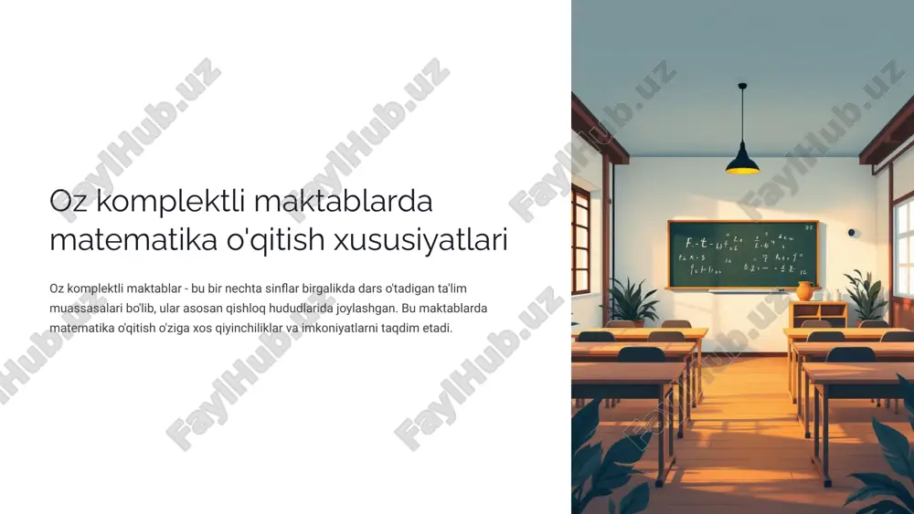 quvchilari quyi sinf o'quvchilariga yordam berishlari mumkin, chunki ular har kuni bir sinf xonasida birga bo'lishadi. darslarni rejalashtirish ham oz komplektli maktablarda ishni tashkil qilishni aniqlab beruvchi omiilardan biridir. vu rejalashtirish esa har xil ishlarni bir necha sinf bir vaqtda bajarishni ta'minlashdan iborat. oz komplektli maktab o'quvchilari uchun afzalliklari : matematika o'qitishda duch keladigan asosiy qiyinchiliklar pedagogik qiyinchiliklar oz komplektli maktablarda matematika o'qituvchilari bir qator murakkab vazifalar bilan duch keladi. eng asosiy muammo - turli sinf darajasidagi o'quvchilar bilan bir vaqtda ishlash zarurati. bu holat o'qituvchidan yuqori malaka va ko'p qirrali yondashuvni talab qiladi. har xil darajadagi mavzularni parallel o'qitish vaqtni samarali boshqarish muammosi individual yondashuvni ta'minlash qiyinchiligi o'quvchilarning e'tiborini bir vaqtda ushlab turish texnik va moddiy qiyinchiliklar zamonaviy o'quv vositalari va texnologiyalarning yetishmasligi matematika o'qitish sifatiga salbiy ta'sir ko'rsatadi. ko'plab oz komplektli maktablarda hatto oddiy geometrik figuralar va hisoblash vositalari ham yetarli emas. statistik ma'lumot: oz komplektli maktablarda matematika …