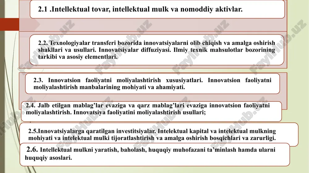 ual mulk aqlni pulga aylantiradi «ilm-fan va innovatsiyani rivojlantirish, bu sohadagi yutuqlarni yuqori qo'shilgan qiymatli mahsulotga aylantirishda intellektual mulkning ishonchli himoyasini ta'minlash juda muhim. dunyoda tovarlarning brend qiymati yuqori hisoblanadi. intellektual mulk evropada yalpi ichki mahsulotning 45 foizini, xitoyda 12, rossiyada 7 foizini tashkil etadi. afsuski, mamlakatimiz bu borada dunyo bozoridan uzoqlashib ketdi. 2019 yili 400 ga yaqin ixtirolar, 110 ta foydali model, 170 ta sanoat namunasi, 36 ta selektsiya yutug'i ro'yxatga olingan bo'lsada, atigi 43 ta ilmiy ishlanma tijoratlashtirilgan, xolos sh.mirziyoev “2020 yil 12 oktyabr kuni intellektual mulk ob'ektlarini muhofaza qilish tizimini takomillashtirish chora-tadbirlari yuzasidan o'tkazilgan yig'ilishdan” intellektual mulkning me'yoriy-huquqiy asoslari intellektual mulkni muhofaza qilish sohasida tuzilgan shartnomalari 10 ta davlatlararo 12 ta hukumatlararo to'g'ridan-to'g'ri ishlaydigan normativ hujjatlar ro'yxatga olingan 5 ta qonun adliya vazirligida ro'yxatdan o'tkazilgan umummajburiy xarakterdagi 25 ta hujjat 21 ta idoralararo shartnoma hamda bitimlar tuzilib, amal qilmoqda. idora faoliyatini tartibga soladigan 140 dan ziyod intellektual …