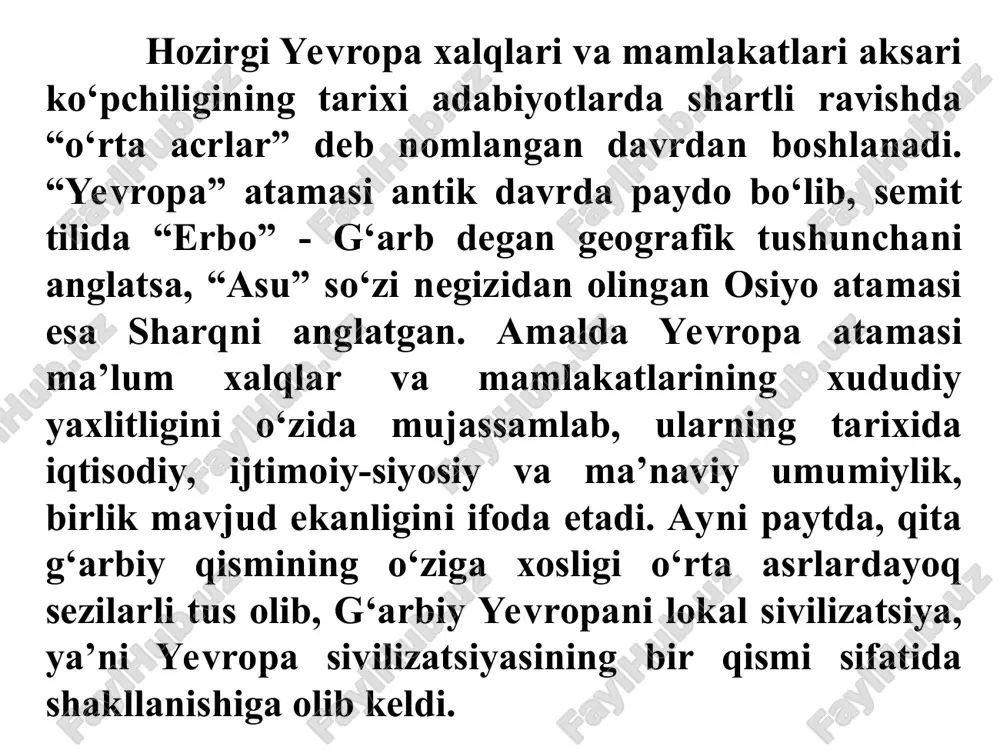 shi bilan tamom bo‘ladi deb hisoblaganlar. konstantin buyuk 321 yil 7-martda birinchi bor yakshanbani dam olish kuni deb farmon chiqardi. masalan y.keller, o‘rta asrlarni, rim imperiyasini milodiy 395 yilda imperator feodosiy i davrida batamom g‘arbiy va sharqiy qismlarga ajralganidan boshlanib, 1453 yilda turklarning zarbalari ostida konstantinopolni qulashi bilan tugashi bilan belgilagan. xix acp tarixchilari o‘rta asrlar tarixining xronologik chegaralari 476 yildan — g‘arbiy rim imperiyasi qulagan vaqtdan boshlanib, 1492 yilda amerikani kashf qilinishiga qadar bo‘lgan davrni o‘z ichiga oladi, deb hisoblaganlar. yevropa va osiyodagi barcha xalqlar, shuningdek afrika va lotin amerikasini ko‘plab xalqlari o‘z rivojlanishida feodal tuzum davrini bosib o‘tgan, demak o‘z o‘rta asrini boshdan o‘tkazishgan. turli xalqlarda feodalizmga o‘tish bir vaqtni o‘zida bo‘lmagan. shuning uchun, o‘rta asr davrini xronologik chegarasi turli kontinentlarda va hatto ayrim mamlakatlarda bir xil emas. har bir talaba, birinchidan, tarixiy-xronologik tartibda bayon etilgan tarixiy faktlarni zarur darajadagi minimumini o‘zlashtirib olishi, tarixiy voqealar hamda xronologik sanalarni …