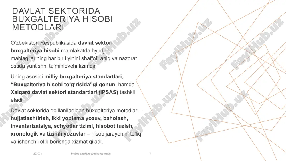 bo‘lgan ketma-ketlikda yozish. tizimli – bir xil turdagi operatsiyalarni maxsus registrlarda (kitob, jurnal) guruhlab yozish. 7 3. davlat sektori buxgalteriya hisobi xususiyatlari 20xx g. nabor slaydov dlya prezentatsii 8 hisob byudjet ijrosi bilan chambarchas bog‘langan. xarajatlar tasdiqlangan smeta asosida yuritiladi. mablag‘lardan maqsadli foydalanish qat’iy nazorat qilinadi. moliyaviy natija (daromad yoki zarar) emas, balki byudjet mablag‘larining to‘g‘ri sarflanishi asosiy mezon hisoblanadi. 8 4. davlat sektori buxgalteriya hisobi tizimining maqsadi 20gg nabor slaydov dlya prezentatsii 9 davlat mablag‘larining to‘g‘ri, shaffof va samarali sarflanishini ta’minlash; moliyaviy holat haqida aniq va ishonchli axborot taqdim etish; audit va nazorat organlari uchun ma’lumot manbai bo‘lish. e’tiboringiz uchun rahmat 10 image29.png image1.png image2.svg image3.png image4.svg image13.png image14.svg image11.png image12.svg .msftofcthm_accent2_lummod_75_stroke_v2 { stroke:#c6bfaa; } .msftofcthm_accent1_lummod_75_stroke_v2 { stroke:#e3b18d; } .msftofcthm_accent1_fill_v2 { fill:#e9e6df; } .msftofcthm_accent2_lummod_75_stroke_v2 { stroke:#c6bfaa; }