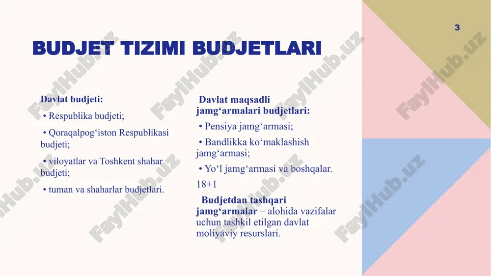 dmbat • kim uchun: asosan moliya vazirligi va g‘aznachilik organlari foydalanadi. • asosiy vazifasi: • budjet tashkilotlariga ajratiladigan mablag‘larni rejalashtirish va taqsimlash; • xarajat smetalari asosida byudjet mablag‘larini ajratish; • dotatsiya, subvensiya, subventsiya va transfertlarni hisobga olish; • davlat budjeti ijrosini markazlashgan holda nazorat qilish. 11 uzasbo • kim uchun: asosan budjet tashkilotlari (maktab, bog‘cha, poliklinika, hokimiyat idoralari va h.k.) foydalanadi. • asosiy vazifasi: • buxgalteriya hisobini yuritish; • schyotlar rejasiga muvofiq provodkalarni shakllantirish; • maosh, to‘lovlar, soliq va boshqa majburiyatlarni hisoblash; • moliyaviy hisobotlarni tayyorlash. • xususiyati: budjet tashkilotlari moliyasini ichki buxgalteriya darajasida nazorat qiladi. nazorat natijalari • davlat moliyaviy intizomi mustahkamlanadi; • mablag‘larning samarasiz sarflanishi oldi olinadi; • budjet ijrosining shaffofligi va hisobdorligi ta’minlanadi. 12 xulosa 13 o‘zbekiston respublikasi budjet tizimi budjetlarining g‘azna ijrosini nazorat qilish – bu mablag‘larning har bir so‘mini maqsadli va qonuniy ishlatilishini kafolatlovchi tizimdir. e’tiboringiz uchun rahmat image1.png image2.svg image3.png image4.svg image13.jpg image14.png image5.png …