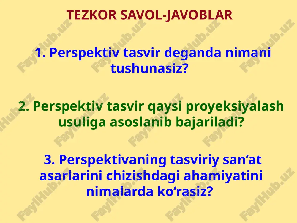 alarda chuqurlik fazosini oshirishda foydalaniladi. relyefli perspektiva qonunlaridan asosan haykaltaroshlar foydalanadi. 1-savol. perspektiva fanining maqsad va vazifalari. perspektiva turlari. 4.6. teatral perspektiva. bunda tasvir bir nechta sirtlarda yasalib, teatrlarda sahna bezash ishlarida qo‘llaniladi. bu perspektiva relyefli perspektiva prinsiplariga asoslangan bo‘lib, hajmli tasvirlar bir necha tekisliklar bilan almashtiriladi. bu perspektiva dekoratsiyalar yasashning nazariy asosi bo‘lib hisoblanadi. bunda perspektiv tasvir ketma-ket joylashtirilgan bir necha parallel tekislik (kulisa)larda yasaladi. shunga ko‘ra sahna juda keng va ko‘p manzarali ko‘rinadi. sahna orti ma’lum bir oraliqda bir-biriga nisbatan parallel yoki burchak ostida joylashtirilib, orqa dekoratsiya bilan qo‘shilib ketadi. 4.7. stereoskopik perspektiva. bunda narsaning ikki ko‘rinishi, ya’ni chap va o‘ng ko‘z uchun alohida-alohida perspektiv tasvirlari — ikki nuqtadan turli ranglarda bajariladi hamda ular ma’lum burchak ostida ustma-ust qo‘yiladi. tasvir, xususan, chap ko‘z uchun qizil, o‘ng ko‘z uchun ko‘k rangli chiziqlar bilan chiziladi va ular anaglif (bo‘rttirilgan) tasvirlar deyiladi. anagliflar maxsus yasalgan qizil va ko‘k rangli stereoko‘zoynaklar orqali …