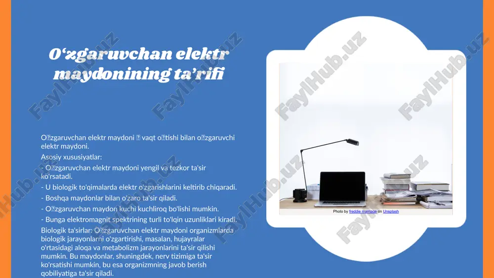 ‘zgaruvchan elektr maydonining qo‘llanilishi o‘zgaruvchan elektr maydonlari tibbiyotda, agronomiyada va biophizikada keng qo‘llanilmoqda. tibbiyot sohasida, masalan, ultratovushli tadqiqotlar va elektromagnit terapiya usullari bemorlar holatini yaxshilashda samarali qo‘llaniladi. agronomiya sohasida, o‘simliklarni o‘sishini rag‘batlantirishda elektr maydonlari ishlatilmoqda, masalan, elektr maydonlari yordamida o‘simliklarning fotosintez jarayoni tezlashtiriladi. biophizikada esa, hujayra faoliyatini o‘rganishda elektr maydonlari yordamida hujayra membranalaridagi o‘zgarishlar tahlil qilinadi. kelajakda, o‘zgaruvchan elektr maydonlarining rivojlanishi, masalan, nanoteknologiyalar va yangi tibbiy usullarni yaratishda muhim rol o‘ynashi kutilmoqda. photo by árpád czapp on unsplash photo by florian olivo on unsplash tibbiyotda o‘zgaruvchan elektr maydonlarining muhim roli. o‘zgaruvchan elektr maydonlarining tibbiyotda ahamiyati juda katta. ular hujayralarning biologik jarayonlarini o'zgartirish orqali kasalliklarni davolashda yordam beradi. ushbu elektr maydonlar tibbiyotda qo‘llanilishi kengaymoqda, jumladan, diagnostika va terapiya usullarida. ular xususan saraton, jarohatlar va nerv tizimi kasalliklarida qo‘llaniladi. o‘rganish va tadqiqotlar doirasida o‘zgaruvchan elektr maydonlarining ta'sirini o‘rganish bo‘yicha qator ilmiy ishlanmalar mavjud. bu tadqiqotlar yangi davolash usullarini ishlab chiqish imkonini beradi. …