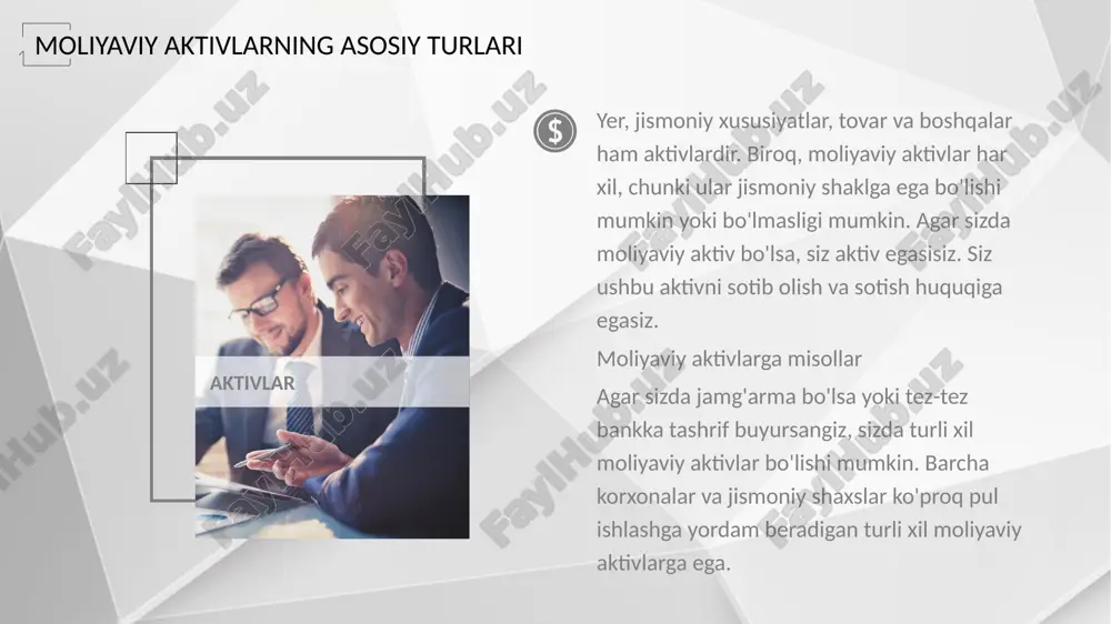 iymatga yoki hatto jismoniy shaklga ega emas. aksariyat aktivlar real, moddiy yoki nomoddiy deb tasniflanadi. moddiy aktivlar - bu o'zlarining qiymatlarini moddalar yoki mulklardan, masalan, qimmatbaho metallar, er, kochmas mulk, soya, bug'doy, moy va temir kabi tovarlardan tortib oladigan jismoniy aktivlar. nomoddiy aktivlar - bu jismoniy xususiyatga ega bo'lmagan qimmatbaho mulkdir. ular patentlar, savdo markalari va intellektual mulkni o'z ichiga oladi. e’tiboringiz uchun rahmat image1.png image2.png image3.jpeg image4.jpeg image5.jpeg image6.png image7.png image8.png image9.png image10.png image11.png image12.png image13.png