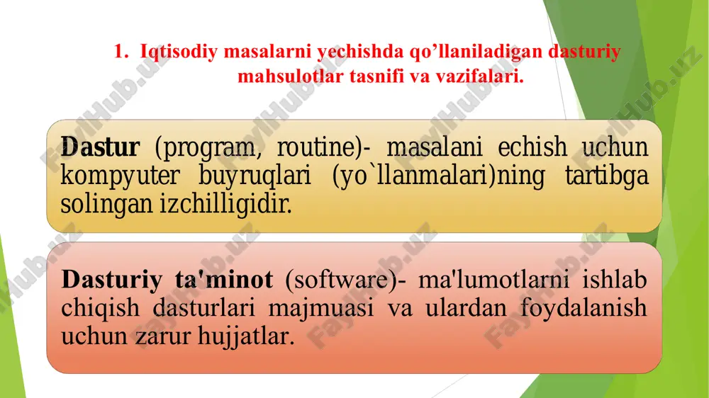 ilma oʼrtasidagi muloqotni taʼminlab beradigan vositadir. operatsion tizimlarning asosiy vazifalariga: ✓fayl tizimini boshqarish (yozish, o’zgartish, fayllardan nusxa ko’chirish, erkin foydalanishni nazorat qilish); ✓ dasturlar bajarilishini boshqarish(protsessorvaqtini taqsimlash, dasturlarni diskdan tezkor xotiraga yuklash, yashirin xavfli ta`sirni tutib olish va h.q.); ✓xotirani boshqarish (keshlash, taqsimlash, ma`lumotlar butligi nazorati va h.k.); ✓foydalanuvchi bilan muloqot (klaviaturadan, sichqonchadan buyruqlarni o’qish, axborotni ekranga, printerga chiqarish va h.k.)kiradi. operatsion tizim funksiyalari dastur so'rovlarini bajarish dasturlarni ox(ram)ga yuklash va ularni bajarish periferik qurilmalarga standartlashtirilgan kirish (kiritish / chiqarish qurilmalari). ramni boshqarish elektr ta’minotiga tobe bo'lmagan ommaviy axborot vositalari ma'lumotlariga kirishni boshqarish foydalanuvchi interfeysini taqdim etish tizimdagi xatolar haqida ma'lumotni saqlash operatsion tizim funksiyalari. operatsion tizim (ot) tushunchasi qisqacha izohlanadigan bo‘lsa, bu boshqaruv dasturidir. os bu kompyuterning fizik va dasturiy resurslarini taqsimlash va ularni boshqarish uchun ishlatiladigan dastur. kompyuter resurslari ikki xil: fizik va dasturiy resurslarga bo'linadi. fizik resurslarga xotira; vinchester; monitor; tashqi qurilmalar; va shu kabilar kiradi. dasturiy …