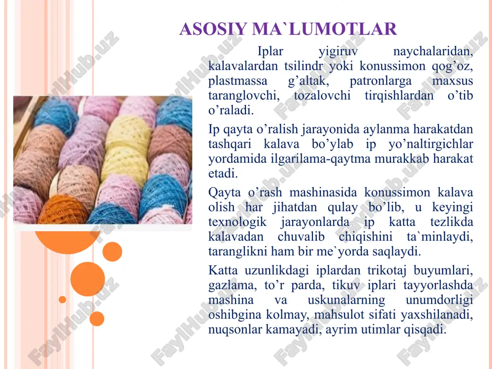 i «motat» -o’rash ma`nosini anglatadi. ipni qayta o’rovchi m-150-1 va m-150-2 rusumli mashinalarning asosiy ishchi qismi uning plastmassadan yasalgan diametri 90 mm, maxsus vint chizigi bo’ylab o’yiqlari bo’lgan barabandir. iplarning chiziqiy zichligi qayta o’rash mashinasini texnologik tasviri ipni o’rash tezligi quyidagi formuladan aniqlanadi: mm-150-2 mashinasi turli xom iplarni bo’yash maqsadida naychalardan tsilindrsimon bobinalarga yumshoq holda qayta o’rash uchun xizmat qiladi.uning barabanidagi ariqchalarning qadami o’zgarmas bo’ladi. qayta o’rash tezligi 300-800 m/min, qolgan barcha mexanizmlarining tuzilishi m-150-2 mashinasi singari bir xildir. qayta o’rash mashinalarida ip tozalagichlarining tuzilishi va ishlashi ipni qayta o’rash mashinalarida, ipni turli chiqit, nuqson, momiqlardan tozalovchi, shuningdek ipdagi ingichka va yo’g’on yerlarini o’tib ketmasligini nazorat etuvchi mexanik va elektron tozalagichlar mavjud. ipni mexanik usulda tozalagich m-150-1, m-150-2 mashinalarida o’rnatilgan. ipni tozalab nazorat etuvchi moslama pichoqlari orasidagi tirqish ipning diametriga qarab sozlanadi, tirqiish ip o’ralib bo’lgunga qadar o’zgarmasligi kerak. u konstruktsiyasi jihatidan oddiy bo’lishi, unda nuqson va momiqdarning to’planmasligi kerak. …