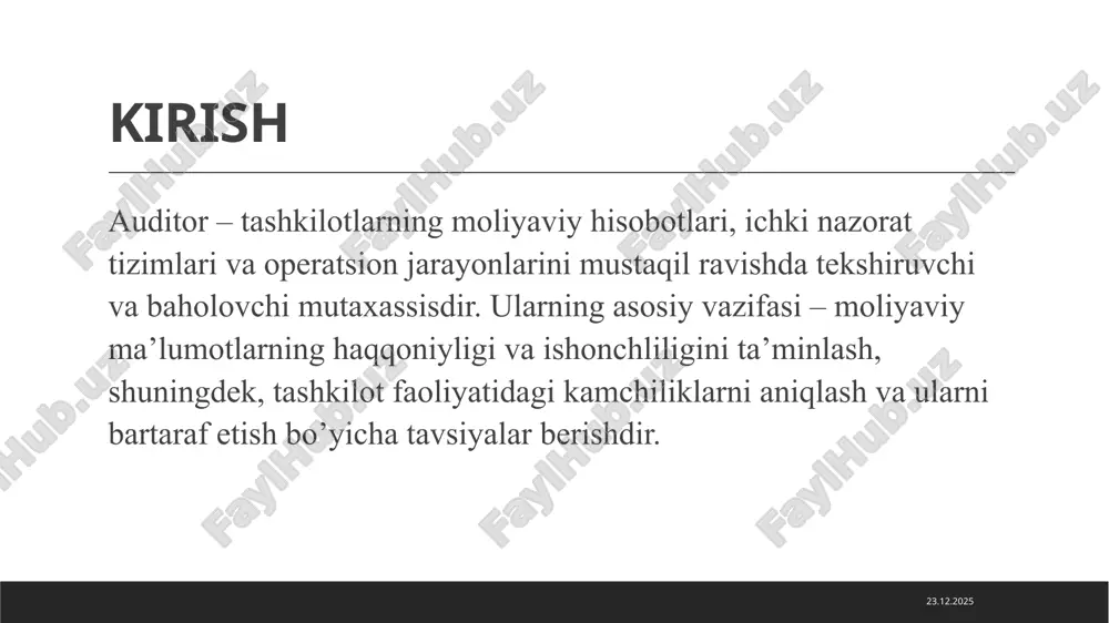 ari imtihon oʻtkazilgan kundan boshlab ikki kun ichida eʼlon qilinadi. • imtihonni muvaffaqiyatli topshirgan nomzodlarga auditor malaka sertifikati beriladi, bu sertifikat oʻzbekiston respublikasining barcha hududlarida yuridik kuchga ega boʻladi. 02.03.2025 birimchi malaka sertifikati • auditor malaka sertifikati 5 yil muddatga beriladi. • sertifikat amal qilish muddatini uzaytirish uchun auditor amal qilish muddati tugashidan uch oy oldin moliya vazirligiga tegishli hujjatlarni taqdim etishi lozim. 02.03.2025 qo’shimcha imkoniyatlar talabgorning iqtisodiy ixtisosliklar boʻyicha ilmiy darajasi mavjud boʻlgan taqdirda, buxgalteriya hisobi va audit sohasidagi ish staji talab etilmaydi. talabgor (auditor) xalqaro buxgalter sertifikatiga ega boʻlganda malaka sertifikatini olish va amal qilish muddatini uzaytirish malaka imtihonini topshirmasdan amalga oshiriladi. 02.03.2025 qo’shimcha imkoniyatlar xalqaro buxgalteriya sertifikatiga ega yoki kanida 10 yillik uzluksiz auditorlik faoliyati ish stajiga ega bo’lgan auditorlarga malaka sertifikatining amal qilish muddati uzaytirish imtihoni topshirmasdan amalga oshiriladi. “buxgalteriya hisobi” va “audit” ihtisosliklari bo’yicha magistr diplomiga ega bo’lgan talabgor uchun auditorlik tashkilotida kamida bir yillik …