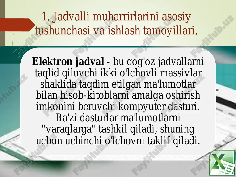alumotlarga ega bo`lishimiz, hamda “razresheniya”orqali hujjatni qulflashimiz, “poisk problem” yordamida xatolarni topishimiz va “upravlenie versiyami” funksiyasi orqali saqlanmagan hujjatlarni ochishimiz mumkin. “svedeniya” quyidagi ko`rinishda bo`ladi: • “poslednie” • bu erda microsoft excel dasturi yordamida ochilgan oxirgi hujjatlar ro`yxatini ko`rish mumkin va u quyidagicha bo`ladi: • “sozdat” • “sozdat” funksiyasi orqali biz yangi microsoft excel (hujjat) yaratishimiz mumkin. buning uchun “fayl”-“sozdat”-“novaya kniga” buyruqlarini bajarib, “sozdat” tugmasini bosishimiz kerak bo`ladi. • “pechat” • “pechat” funksiyasi yordamida hujjatni qog`ozga printer orqali chiqarish mumkin. office excel 2010 dasturida hujjatni yaqqol ko`ra olish imkoniyati mavjud bo`lib, uning yordamida chop etiladigan hujjatning xolatini ko`rish va taxrirlash mumkin. • “soxranit i otpravit” • tayyor bo`lgan hujjatni saqlab elektron xolatini internet orqali yuborish uchun foydalaniladi. bu funksiya orqali hujjatni veb saytlarda taqdim etish hamda turli tipdagi formatlarda saqlab jo`natish mumkin. • “spravka” • bu erda foydalanuvchi ishlayotgan microsoft office excel 2016 dasturi haqida ma`lumot berilgan bo`ladi. • “parametri” …