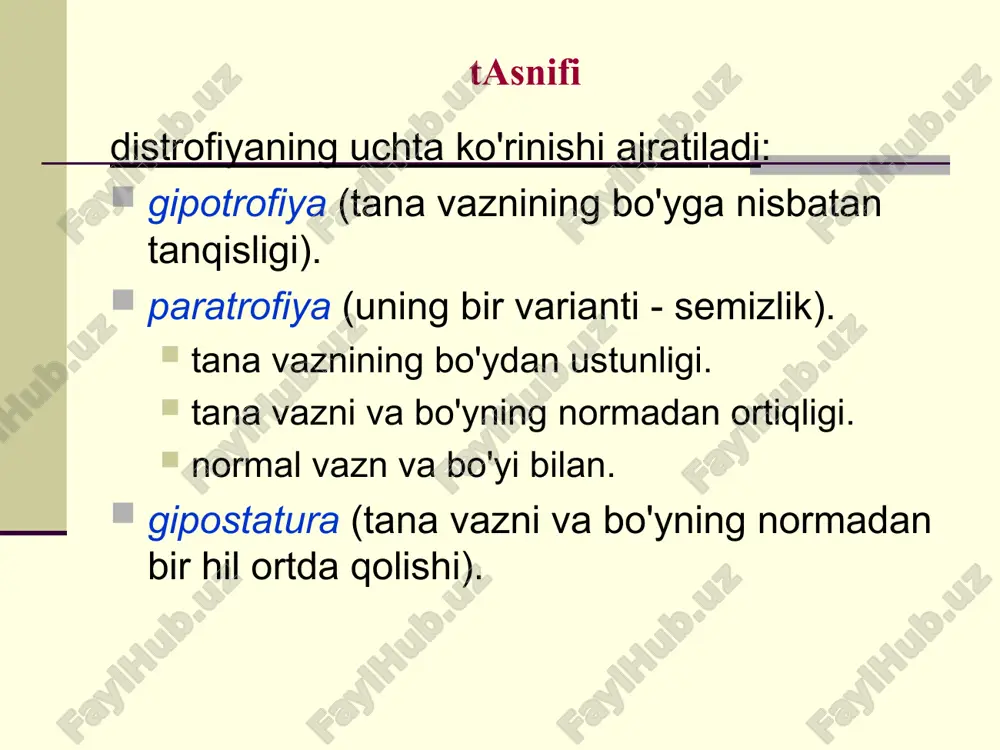 ga kam. bolaning emotsional tonusi pasaygan, apatiya, holsizlik, adinamiya, psihomotor funktsiyalarning ortda qolishi, ishtahasi pasaygan. terisi oqish, quruq. to'qimalar turgori va elastikligi, mushaklar tonusi pasaygan. teri osti yog' qavati yuzida saqlangan, qorinda kamaygan. qo'pincha tahipnoe, aritmik dag'al nafas, yurak tonlarining bo'g'iqligi, tahikardiya va arterial gipotoniyaga moyillik. zo'rlab ovqatlantirilganda qayd qilish. laborator tekshiruvda gipohrom anemiya, gipo- va disproteinemiya iii darajali oqsil-energetik etishmovchilik tana vazni tanqisligi 30% dan ko'p. bo'yi normadan 7-10 sm kam. bolaning umumiy ahvoli ancha yomonlashgan: uyquchanlik, befarqlik, serjahillik, negativizm, rivojlanishdan ortda qolish, anoreksiya. tashqi ko'rinishi ozg'in, terisi kulrang, teri elastikligi va turgori keskin pasaygan. yuzi qari cholga o'hshaydi, ajinli. laborator tekshiruvlar qonning quyuqlashganligi to'g'risida ma'lumot beradi gipostatura gipostatura - oqsil-energetik etishmovchilik natijasida yuzaga kelgan rivojlanishning orqada qolishi bo'lib, bolaning qoniqarli oziqlanishiga qaramasdan, bo'yi va tana vaznining bir hilda orqada qolishidir. bolada bo'yi, tana vazni, psihomotor rivojlanishi, intellekti, tish chiqish muddatini orqada qolishi nisbatan proportsional kuzatiladi. bolaning biologik yoshi …