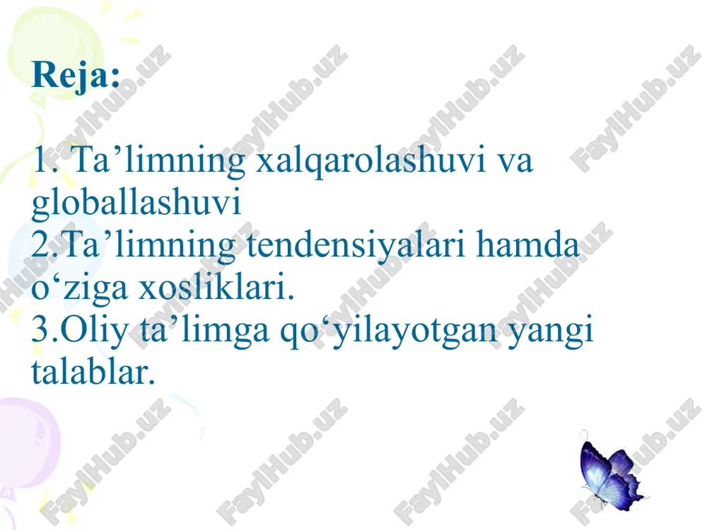 di. oliy ta’lim muassasalariga xalqaro tajribalardan kelib chiqib, oliy ta’limning ilg‘or standartlarini joriy etish, jumladan kredit-modul tizimini joriy etish, ta’lim dasturlari va talabalar bilimini baholash tizimini xalqaro standartlarga moslashtirish, shuningdek, o‘quv dasturlarida nazariy bilim olishga yo‘naltirilgan ta’limdan amaliy ko‘nikmalarni shakllantirishga yo‘naltirilgan ta’lim tizimiga o‘tish bo‘yicha vazifalarni amalga oshirish talab etilmoqda. otmlarning xalqarolashuvi talabalarni geografik, madaniy va intizomiy chegaralarni kesib o‘tish qobiliyati bilan jihozlash, madaniyatlararo tushunishni rivojlantirish va global fuqarolikni rivojlantirishga ko‘maklashish majburiyatini aks ettiradi. ushbu fanning baynalmilallashtirishning muhim jihati: oliy o’quv yurtlarida talabalarning o’rganish tajribasini shakllantiruvchi pedagogik shart-sharoitlarni o’rganadi. baynalmilallashtirish kampusdagi xalqaro talabalar sonining ko’payishidan ancha uzoqqa cho’ziladi; talabalar turli nuqtai nazarlar bilan chuqur shug’ullanishlari va o’zaro bog’liq dunyoda rivojlanish uchun zarur bo’lgan vakolatlarni rivojlantirishlari mumkin bo’lgan inklyuziv, madaniy jihatdan sezgir va intellektual rag’batlantiruvchi muhitlarni yaratish uchun o’qitish va o’rganish paradigmalarida tub o’zgarishlarni talab qiladi. ushbu maqsadlarga erishish xalqarolashtirish harakatlarining sifati va samaradorligiga ta’sir qiluvchi pedagogik shart-sharoitlarga maxsus e’tibor qaratishni …