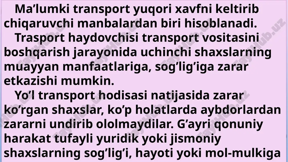 farzandlari, chernobil aesidagi avariya natijasida jabrlanganlar, nafaqadagilar va nogironlar uchun sug’urta mukofoti narxining 50 foizi miqdorida chegirma belgilanadi. shuningdek, sug’urta kompaniyasiga sug’urta polisining asli yoki nusxasini ilova qilgan holda sug’urta to’lovini to’lash haqidagi ariza, etkazilgan zarar fakti va miqdorini, mulkka etkazilgan zarar vaqti va miqdorini, jabrlanuvchining shaxsini, vorislik yoki huquqqa egalikning kuchga kirishini tasdiqlovchi hujjatlarni, shuningdek, vorislarning shaxsini va huquqqa egalikning davlat ro’yxatidan o’tganini tasdiqlovchi hujjatlarni taqdim etishi lozim. o’zbekiston respublikasining mehnat kodeksi bugungi kunda xizmat burchini bajarayotgan paytida jarohat olgan xodimlarning ijtimoiy muhofazasini ko’zda tutadi. mehnat kodeksi ish beruvchining xodimiga etgan ziyon uchun javobgar ekanini belgilagan. ma’lumki, mehnat kodeksining 189- va 192-moddalariga binoan, ish beruvchi olgan jarohati, kasb kasalligi yoki mehnat jarayoni bilan bog’liq ravishda sog’lig’iga etgan zararni, shuningdek boquvchisini yo’qotganlik uchun etgan zararni belgilangan tartibda to’liq qoplashi shart. shu munosabat bilan, “ish beruvchining fuqarolik javobgarligini majburiy sug’urtalash to’g’risida”gi qonun barcha ish beruvchilarga ularning xodimlari xizmat burchini o’tayotgan paytda …