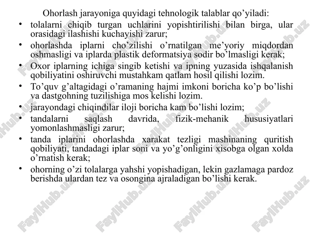 olasidan olingan tanda ipini ohorlash uchun oxor tarkibi oxor moddasi miqdori kraxmal, kg -46 xloramin, kg -0,16 suv, litr -1000 jun tolasidan olingan tanda ipini ohorlash uchun oxor tarkibi oxor moddasi miqdori kraxmal, kg -46 teri-go’sht yelimi, gramm -700 xloramin, kg -0,16 suv, litr -1000 ipak tolasidan olingan tanda ipini ohorlash uchun oxor tarkibi oxor moddasi miqdori kraxmal, kg -46 teri-go’sht yelimi, gramm -700 xloramin, kg -0,16 jelatin, gramm -300 suv, litr -1000 oxor tayyorlash xonalari oxorlash mashinalariga yaqin joylashgan bo’lishi kerak. chunki uzoq masofaga yetkazib berilganda oxor quyuqlashib ketadi. oxor tayyorlashda turli usullardan foydalaniladi. jumladan an’anaviy usulda, ultratovushdan foydalanish usulida, termomexanik usulda va oxorlashning yangi usullari (ko’pikda oxorlash, qizdirib eritilgan oxor eritmasi bilan oxorlash usuli, erituvchida eritilgan oxor bilan oxorlash usuli) oxor tayyorlash qozoni. nazorat uchun savollar tanda iplarini ohorlashda qanday mahsulotlardan foydalaniladi? ohor tarkibiga qanday moddalar nima maqsadda qo`shiladi? ohorlash materiallariga qanday texnologik talablar qo`yilgan? parchalovchi va yumshatuvchi …