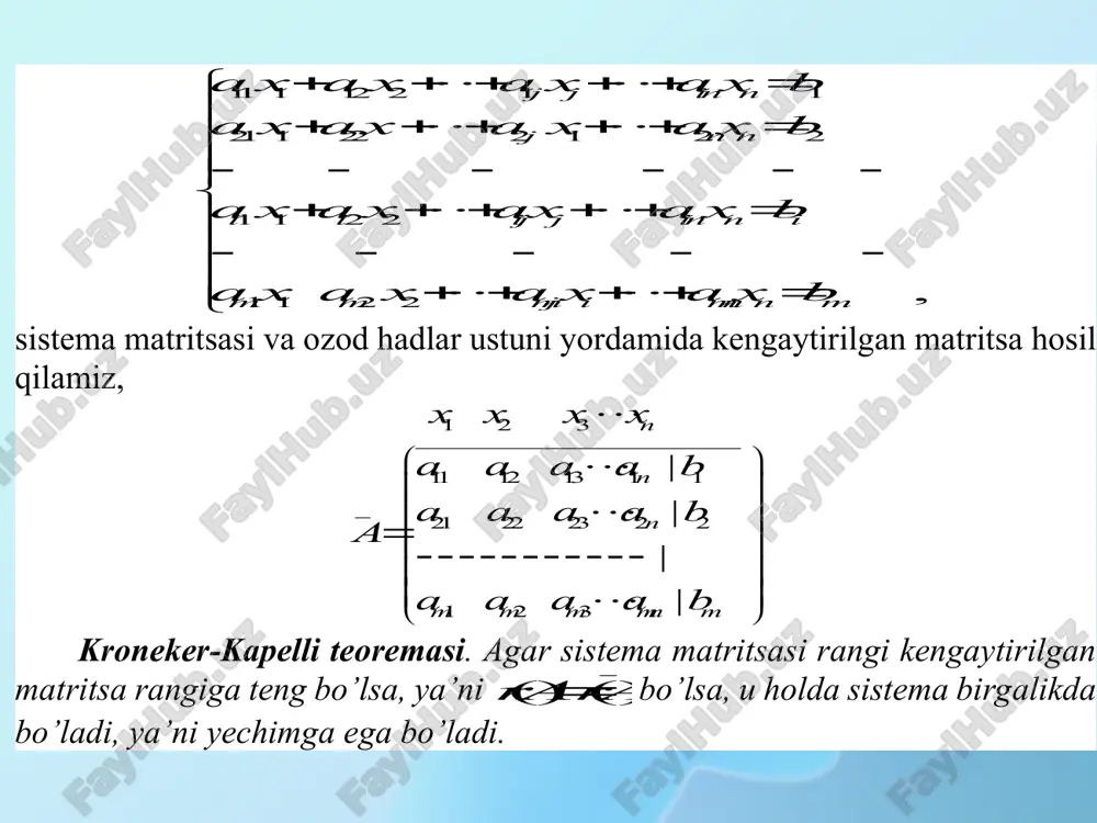 hiziqli tenglamalar sistemasining iqtisoddagi qo’llanilishi bu har qanday iqtisodiy masalaning matematik modelini tuzish va bu modelning optimal yechimi aynan chiziqli tenglamalar sistemasini yechimi bilan uzviy bog’liq hisoblanadi. nsss n ,,, 21  -ta mamlakat bo’lib, ularning milliy daromadlari mos ravishda n xxx ,,, 21  larga teng bo’lsin. ij a - j s -mamlakatning i s -mamlakatdan sotib olgan tovarlarga sarf qilgan milliy daromadning ulushi bo’lsin. milliy daromad to’laligicha mamlakat ichida va boshqa mamlakatlardan t ovar xaridi uchun sarf bo’ladi deb hisoblaymiz, ya’ni 11,1,2,,nijiajn tenglik o’rinli bo’lishi kerak. quyidagi matritsani qaraylik                 nnnn n n aaa aaa aaa a    21 22221 11211 , bu matritsa savdo-sotiqning strukturaviy matritsasi deb nomlanadi. istalgan ),1(nis i  mamlakat uchun ichki va tashqi savdodan hosil bo’lgan tushumi niniii xaxaxap   2211 tenglik orqali aniqlanadi. mamlakat …