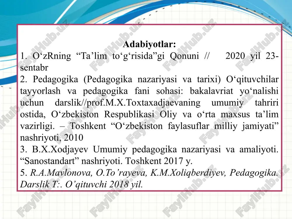 asoslanib qo‘yilgan vazifalar va shartlarga binoan bajariladigan harakatlar yig‘indisi malaka ongli xatti-harakatning avtomatlashtirilgan tarkibiy qismi ta’lim o‘quvchilarga nazariy bilimlarni berish asosida ularda amaliy ko‘nikma va malakalarni shakllantirish, ularning bilish qobiliyatlarini o‘stirish va dunyoqarashlarini tarbiyalashga yo‘naltirilgan jarayon dars bevosita o‘qituvchi rahbarligida muayyan o‘quvchilar guruhi bilan olib boriladigan ta’lim jarayonining asosiy shakli bilim olish idrok etish, o‘rganish, mashq qilish va muayyan tajriba asosida xulq-atvor hamda faoliyat ko‘nikma, malakalarning mustahkamlanib, mavjud bilimlarning takomillashib, boyib borish jarayoni ta’lim jarayoni o‘qituvchi va o‘quvchilar o‘rtasida tashkil etiluvchi hamda ilmiy bilimlarni o‘zlashtirishga yo‘naltirilgan pedagogik jarayon o‘quv fani ta’lim muassasalarida o‘qitilishi yo‘lga qo‘yilgan hamda o‘zida muayyan fan sohasi bo‘yicha umumiy yoki mutaxassislik bilim asoslarini jamlagan manba ta’lim mazmuni davlat ta’lim standartlari asosida belgilab berilgan hamda ma’lum sharoitda muayyan fanlar bo‘yicha o‘zlashtirilishi nazarda tutilgan ilmiy bilimlar, shuningdek, shaxsning aqliy va jismoniy qobiliyatini har tomonlama rivojlantirish, dunyoqarashi, odobi, xulqi, ijtimoiy hayot va mehnatga tayyorlik darajasini shakllantirish jarayonining mohiyati 5b-ilova ta’lim …