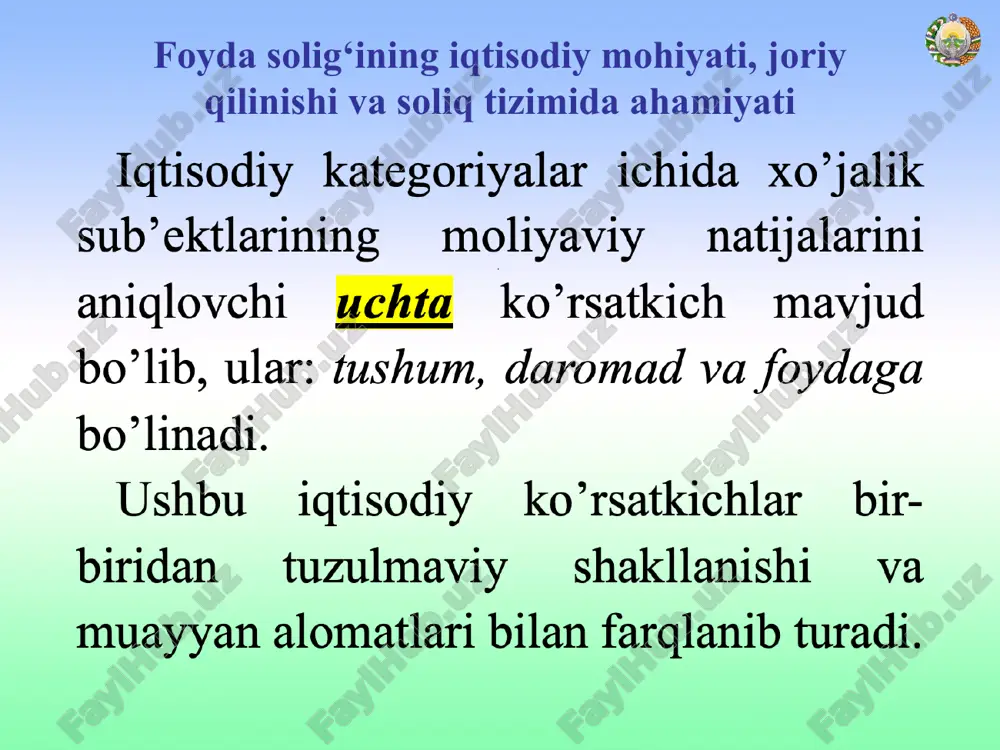 lar o‘zbekistonda va undan tashqaridagi faoliyatdan olgan daromadlaridan foyda solig‘iga tortiladilar. rezidentlar doimiy faoliyat ko‘rsatuvchilar bo‘lsa, norezidentlar faoliyati respublikada vaqtinchalik xarakterga ega bo‘ladi. * soliq to‘lovchilar, soliq solish obyekti va soliq bazasi * soliq to‘lovchilar, soliq solish obyekti va soliq bazasi admin (a) * soliq to‘lovchilar, soliq solish obyekti va soliq bazasi * soliq to‘lovchilar, soliq solish obyekti va soliq bazasi * soliq to‘lovchilar, soliq solish obyekti va soliq bazasi * jami daromadlar tarkibi, jami daromaddan chegirmalar * jami daromadlar tarkibi, jami daromaddan chegirmalar (297-modda) * jami daromadlar tarkibi, jami daromaddan chegirmalar jami daromadga quyidagi daromadlar kiradi (297-modda): * jami daromadlar tarkibi, jami daromaddan chegirmalar (297-modda) * jami daromadlar tarkibi, jami daromaddan chegirmalar (297-modda) * jami daromadlar tarkibi, jami daromaddan chegirmalar (297-modda) * 304-modda. soliq solishda hisobga olinmaydigan daromadlar * 304-modda. soliq solishda hisobga olinmaydigan daromadlar * 44-bob. xarajatlar. 305-modda. umumiy qoidalar * soliq kodeksining 317-moddasiga muvofiq, soliq bazasini aniqlashda …