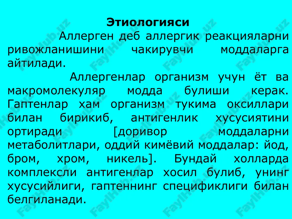 ksi xosil bulib, keyingi boskichni rivojlanishini ta'minlaydi. ii boskich: patologik boskich bu boskichda antigen +antitelo [antigen +sensibilizatsiyalangan+t-limfotsit]lar ta'sirida ruy beradigan murakkab bioximik jarayonlar natijasida tayyor va yangidan sintezlangan biologik aktiv moddalar ajralib chikadi. iii boskich: patofiziologik boskich mediatorlar ta'sirida organizm tukima organlarini va xujayralarini bergan javob reaktsiyalari majmuasi ruy beradi. mediatorlar ta'sirida kon tomirlar devorining utkazuvchanligini ortishi, natijada kon tomirdan tashkariga suyuklikni ajralishi kuchayib, shish xosil bulib, seroz yalliglanishiga sabab buladi. agar patologik jarayon shillik kavatlarda bulsa gipersekretsiya buladi. nafas organlari sistemasida bronxospazm bronxiolalar devorini shishini gipersekretsiya natijasida nafas olish uta kiyinlashadi [ekspirator xansirash]. patoximik boskichi: ichki ta'siri va tashkariga chikib ketishi natijasida kator mediatorlar xosil bulib, kompleksni fagotsitoz kilinishiga va xazm bulishiga shart-sharoitlar yaratib beradi. anafilaksiya sensibilizatsiyalangan organizmga shu sensibilizatsiyani chakirgan yot oksilni kayta parentral yul bilan kiritilganda sezuvchanlikni uta ortishi bilan boradigan jarayonni rishe va porte anafilaksiya deb nomlagan. anafilaksiya grek suzdan olingan apa-inkor, phylaxis-ximoya ma'nosini anglatadi. bezredko …