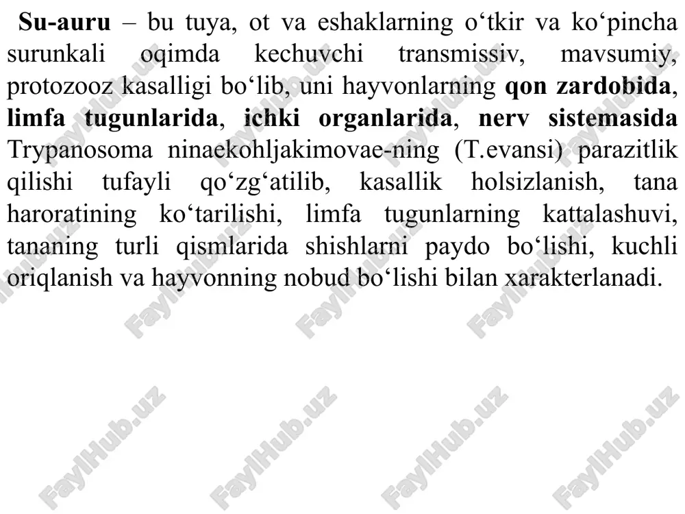 nadi va asabiy hodisalar ro‘y beradi. diagnoz va differensial diagnoz. kasallikka diagnoz kompleks usulda qo‘yiladi: epizootologik ma’lumotlar inobatga olinib, kasallikning klinik belgilariga qarab va aniq diagnoz laboratoiya sharoitida gumon qilingan hayvonlar qon namunasi olinib, uni mikroskopik, serologik va bioproba qo‘yish usullarida tekshirilib, olingan natijaga qarab qo‘yiladi. mikroskopik tekshirish. gumon qilingan hayvonning periferik qon tomiridan birinchi tomchi qon olinib majag‘langan surtma tayyorlanadi, qoplag‘ich oynacha bilan usti yopiladi. tayyorlangan surtmaning qurub qolmasligi va suyuqlikni oqib ketmasligi uchun qoplag‘ich oyna atrofiga vazelin surtiladi va mikroskopda qorong‘ilashtirilgan holatda tekshiriladi. bunda eritrotsitlarning oralig‘ida harakatchan tripanosomlarni topib diagnoz qo‘yiladi. serologik tekshirish. formalin reaksiyasi. tuyalarning bo‘yinturuq vena qon tomiridan bakteriologik probirkaning ¾ hajmigacha qon olinadi va 24-48 soat davomida uy haroratida biroz qiyshaytirib saqlanadi. keyin esa zardobi ajaratib olinadi va pipetka yordamida bir ml tortib boshqa probirkaga solinadi, ustiga ikki tomchi 40%-li formalin eritmasidan tomiziladi, aralashtiriladi va uy haroratida ikki so‘tka davomida saqlanadi. ikki kun o‘tgach reaksiya …