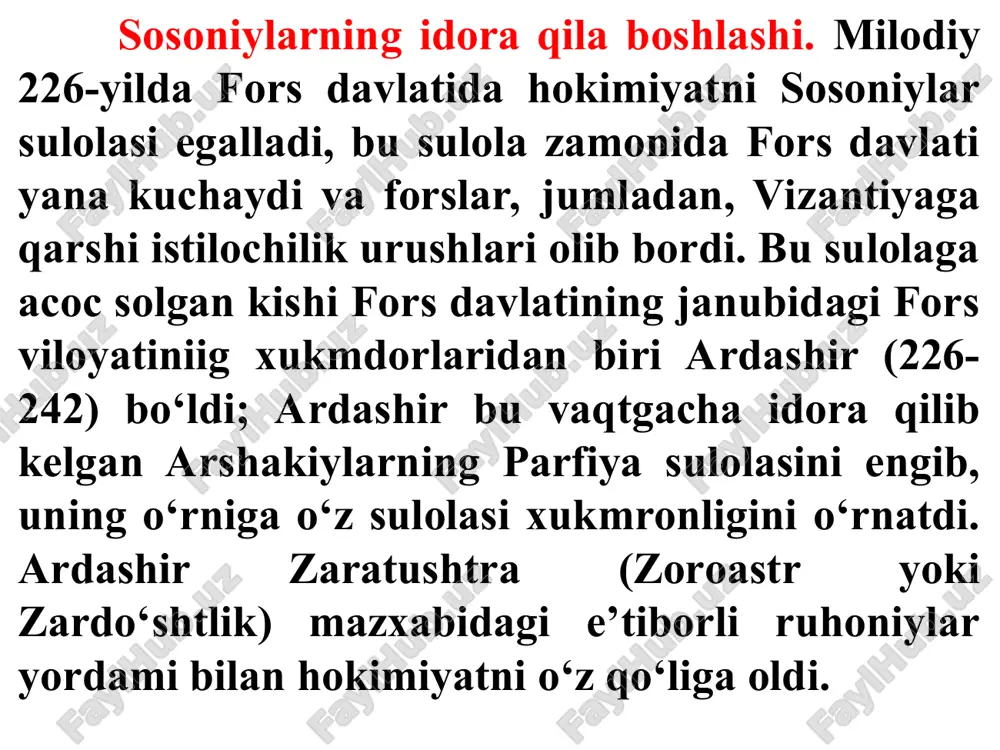 aqlab kelgan eski shaharlarida juda yaxshi sifatli buyumlar ishlab chiqaradigan turli-tuman hunarmandchilik sohalari rivojlangan edi. fors davlati kimxob, ipak va yung gazlamalari bilan, gilamchilik, qurol, metall va sopol buyumlar yasash, zargarlik buyumlari va hokazolari bilan mashhur edi. mamlakatda quldorlik ancha keng ko‘lam olgan edi. qullar irrigatsiya qurilishlarida va dehqonchilikda - podsho va zodagonlarning yer-mulklarida ishlatilar edi. yana ko‘p erkak va ayol qullar uy xizmatkorlari qilib haramlarda saqlanar edi. qul savdosi savdoning eng foydali sohalaridan biri edi. lekin shu bilan bir vaqtda sosoniylar davrida feodal munosabatlar ham anchagina o‘sib, mustaxkamlanib, erkin dehqonlar qaram dehqonlarga aylanib bormoqda edi. sosoniylar idora qilgan davrning boshlarida dehqonlarning ko‘pchiligi shaxsan erkin edi. lekin sosoniylar juda tez vaqt ichida podshoning katta mansabdorlariga va zoroastr, ya’ni zardo‘shtlik ruxoniylariga yer ulasha boshladi, bundan maqsad ulardan yordam olish edi. katta yer egalari o‘z yerlarida ishlatish uchun ish kuchi sifatida qullarda foydalanar edilar. sosoniylar davlatiga qarashli bo‘lgan mesopotamiyada qullar ayniqsa ko‘p …