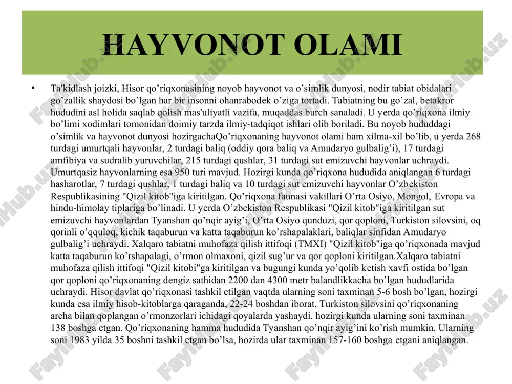 8 oilaga mansub hayvonlar uchraydi. jumladan, oloy ilonquyrug’i, turkiston agamasi va qalqontumshuq, kulvar, qizil chizig’li, guldor chipor ilon turlari mavjud. qo’riqxonaning o’simliklar dunyosi ham juda boy va xilma-xildir. ularni saqlab qolish va o’rganish qo’riqxona xodimlarining asosiy vazifalaridan sanaladi. u erda 910 turdagi o’simliklar o’sishi aniqlangan. ularning 36 turi o’zbekiston "qizil kitob"iga (oq lola, dilband lola, sarg’ish lola, chimyon lolasi, bobrov astragali, norshirach, oq parpi, qashqadaryo astragali, oshanin piyozi, sunbul kovrak, o’zbekiston chinniguli, cho’ziq pufanak) kiritilgan. hayvonot olami yovvoyi hayvonlardan: tulki, chiyaburi, tekisliklarda jayron, tog‘larda qo‘ng‘ir ayiq, tog‘ suvsari, to‘qaylarda cho‘chqa, to‘qay mushugi, daryo suvsari, qushlardan to‘qay mushugi, tuvaloq, tog‘larda kaklik, daryolarda baliqlar: qora – baliq – marinka, laqqa baliq va hokazolar ko‘p. samarqand yaqinida zarafshon qo‘riqxonasida buxoro jayroni pitomnikidan iqlimlashtirilgan buxoro kiyigi – xongul yashaydi. hayvonot olami qo‘riqxonada sudralib yuruvchi hayvonlarning 6 turi, parrandalarning 63 va sutemizuvchilarning 18 turi mavjud. sutemizuvchilardan oq tirnoqli ayiq, to‘ng‘iz, silovsin, bo‘ri, tog‘ echkisi, arhar …