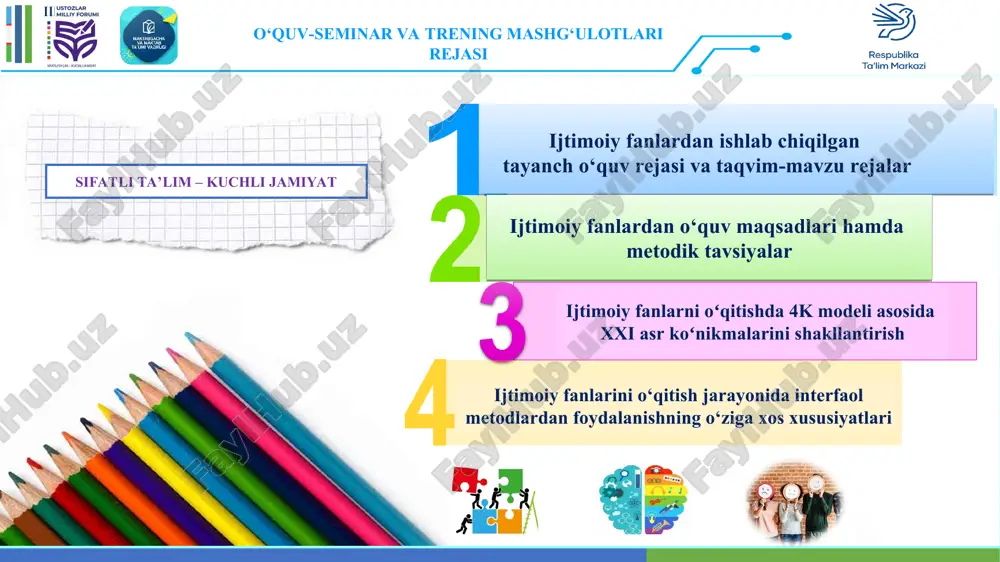 inoiy javobgarlik va uning asoslari. jinoiy javobgarlik tushunchasi haqida biladi va sabab, oqibati haqida fikr bildira oladi. jinoiy javobgarlikka tortish yoshi haqida biladi va unga munosabat bildira oladi. jinoyatda ishtirokchilik tushunchasi haqida bilib oladi va oqibatini tahlil qila oladi. tahlil: xalqaro tajriba, qanday edi ? nima o‘zgardi ? ijtimoiy fanlarni oʻqitishda 4k modeli asosida xxi asr koʻnikmalarini shakllantirish. o‘zbekiston respublikasi maktabgacha va maktab ta’limi vazirligi huzuridagi respublika ta’lim markazi ko‘nikma nima? koʻnikma - insonning ilgarigi tajribalari asosida muayyan faoliyat yoki harakatni amalga oshirish qobiliyati. ko‘nikmalar amaliy faoliyatga, bilimlarni amalda qoʻllay bilishga oid faoliyatning tarkibiy qismidir. ijtimoiy fanlarni oʻqitishda 4k modeli asosida xxi asr koʻnikmalarini shakllantirish. 2023-2024-o‘quv yili davomida umumiy o‘rta ta’lim maktablari o‘quvchilarida zamonaviy ko‘nikmalarni shakllantirishga alohida e’tibor qaratiladi: kollaboratsiya – jamoa bo‘lib ishlash qobiliyatini shakllantirish; kommunikativlik – muloqot qilish ko‘nikmasini rivojlantirish; kreativ fikrlash – o‘z maqsadiga erishish yo‘lida yangiliklarga qo‘l urish, yangi g‘oyalar ishlab chiqish va muammolarni hal qilish; …