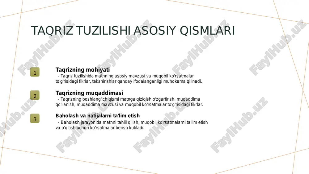 iyati haqida umumiy tushuncha berildi. taqrizda muqaddima, baholash kriteriyalari, tahlil va xulosa kabi asosiy bo'limlar ko'rsatildi. 2 akademik taqrizning zaruriyati o'zbek akademik adabiyot va fan sohasida taqriz tuzilishning o'ziga xos xususiyatlari va tarixiy o'rniga e'tibor qaratildi. taqrizning fan sohasidagi muhimligi va rivojlanish bosqichi ta'kidlandi. 3 natijalar va ularning ta'limotlari taqriz tuzilishning muqaddima, baholash kriteriyalari, tahlil va xulosa bo'limlari tushuntirildi. taqrizning maqsadi, ahamiyati va faol foydalanish uchun kerakli amaliy bilimlar ta'limotlari berildi. e'tiboringiz uchun rahmat! slayd 1, taqriz tuzilishi slayd 2, reja slayd 3, taqriz tuzilishi asosiy qismlari slayd 4, o'zbek akademik adabiyotda taqriz tuzilishning tarixiy o'rniga e'tirof slayd 5, fan sohasida taqriz tuzilishning muhimligi va rivojlanish bosqichi slayd 6, san'at sohasida taqriz tuzilishning ahamiyati va uning o'ziga xos xususiyatlari slayd 7, taqriz tuzilishining muqaddima bo'limi slayd 8, tahlilning o'ziga xos xususiyati slayd 9, xulosa slayd 10, e'tiboringiz uchun rahmat!