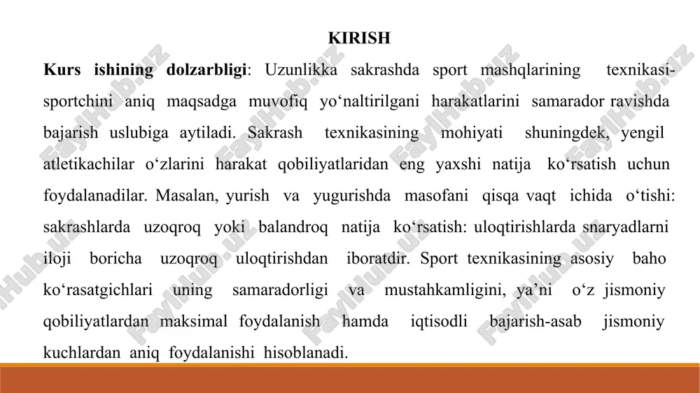saqlab turish bilanyugurib kelishda sakrovchi deyarli darrov, birinchi qadamlardanoq optimal tezlikni oladi, uni butun yugurib kelish davomida saqlab turadi, oxirida so‘nggi qadamlarda uni bir oz oshiradi. u yoki bu yugurib kelish variantining qo‘llanilishi sakrovchining individual xususiyatlariga bog‘liq. uzunlikka sakrash fazalarini takomillashtirish texnologiyalari depsinish joyiga qo‘yilayotgan paytda qariyb tik oyoq bukiladi. shu paytda sakrovchini tos-son bo‘g‘imi xam bukiladi. shu vaqtning o‘zida umurtqa pog‘onasi xam ozroq bukilishi mumkin va sakrovchining u.o.m. pasayadi, tana tiklanishi bilan esa u.o.m. ko‘tariladi. sakrovchining u.o.m. eng pastki xolatidan eng yuqori xolatiga yetguncha mushaklarning ishi natijasida tana massasi depsinish fazasida tezlik bilan siljiy boshlaydi va shu paytda vertikal tezlik paydo bo‘ladi. yugurib kelib sakrashda, depsinishdan oldi tayanch oyoq tizza bo‘g‘imida 135-140* gacha bukiladi. yugurib kelib sakrashning barcha turlarida oyoqni silkish xarakati muximdir. uning xarakat mexanizmi qo‘lni silkib ko‘tarish mexanizmi bilan bir xil bo‘ladi. ammo muskullar kuchi va silkinadigan oyoq massasi katta bo‘lgani shuningdek, silkinish yo‘li uzun bo‘lgani uchun …