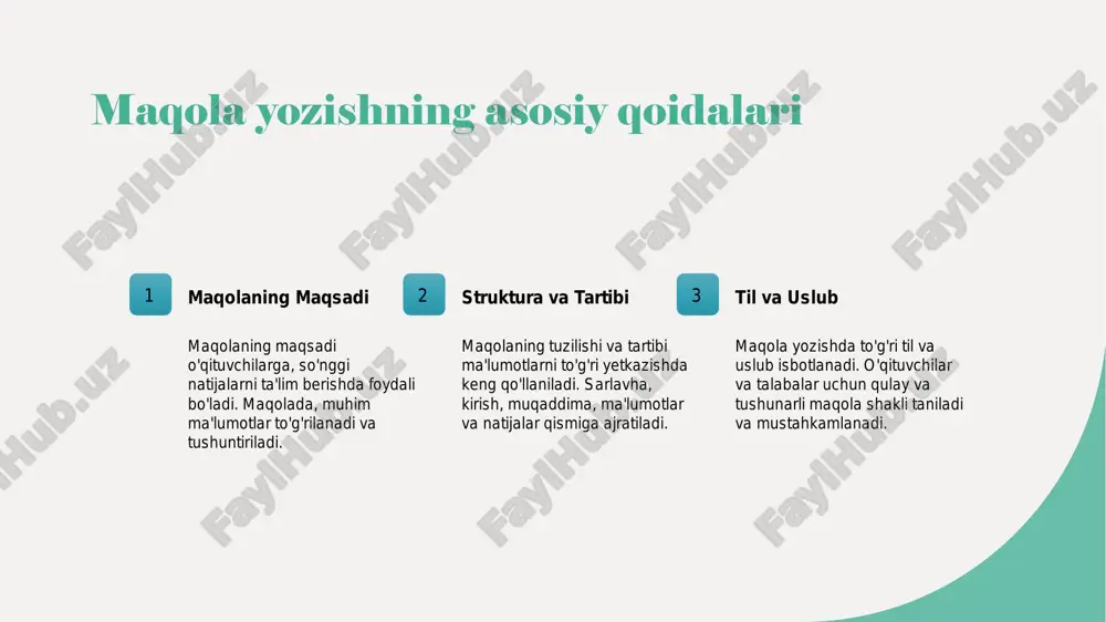 y qoidalari slayd 4, maqolaning shakli va uslubi slayd 5, maqola tuzilishi: asosiy qismlar slayd 6, ma'lumotlarni to'g'ri tuzilishini tushunish slayd 7, akademik prezidentatsiya tuzilishi va qoidalari slayd 8, xulosa slayd 9, e'tiboringiz uchun rahmat!