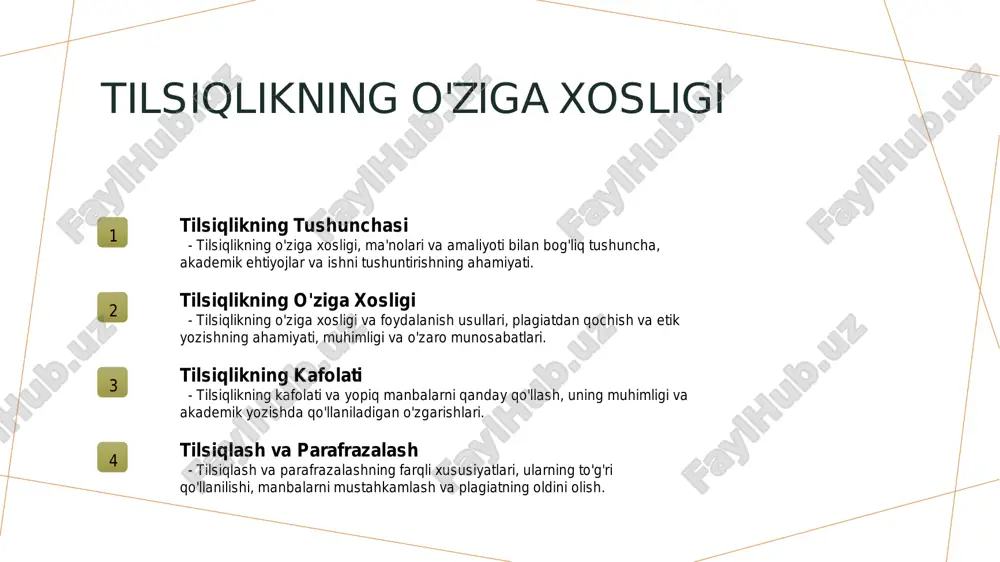 lagiatning oldini olish tilsiqlikning ahamiyati plagiatning oldini olishda yog'in rolini o'z ichiga oladi. etik yozuvda plagiatdan qochib, intellektual sharafni saqlash zarur. xulosa asosiy konseptlar plagiatdan xalos yopish taqdimot o'rtasida muhim bo'lgan sitatlarni va parafrazalarni to'g'ri va etik ravishda qo'llab-quvvatlashning zarurati va ahamiyati. plagiatdan qochish texnikalari va plagiatning zararli ta'siri bilan tanishib chiqish, akademik yozuvda etik muammoatlar va ularga yechimlar. bu taqdimot akademik yozuv va tadqiqotda to'g'ri tilsiqlikning o'qitilgan muhim yondashuvlarini va darsni yaxshi o'qitishni takomillashtirishga yordam beradi. e'tiboringiz uchun rahmat! slayd 1, iqtiboz . parafrazalar slayd 2, reja slayd 3, tilsiqlikning o'ziga xosligi slayd 4, sitatlarni va parafrazalarni to'g'ri suvorish teknikalari slayd 5, tilsiqlikning o'qitish usullari slayd 6, etik muammolari va yechimlari slayd 7, plagiatdan qochish teknikalari slayd 8, tilsiqlikning ahamiyati va o'zaro munosabatlar slayd 9, xulosa slayd 10, e'tiboringiz uchun rahmat!