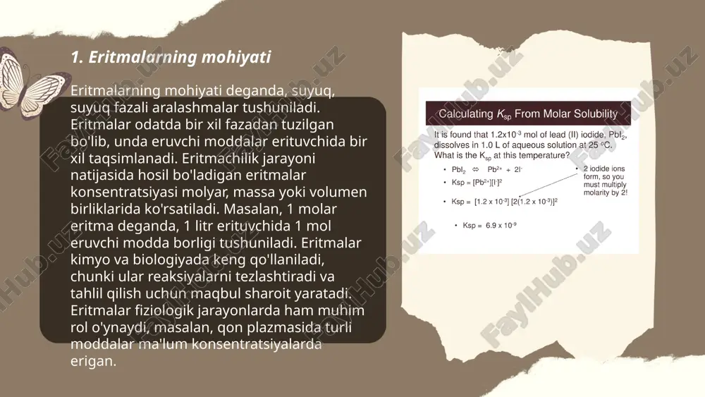 uhim rol o‘ynaydi. erituvchi – boshqa moddalarga qo‘shilib, ularni eritadigan suyuqlik. eng ko‘p qo‘llaniladigan erituvchi – suv, sosin ko‘p kimyoviy reaktsiyalar amalga oshadi. eritilgan modda esa erituvchi ichida dispers holatda bo‘ladigan qattiq, suyuq yoki gaz modda. erituvchilar polar yoki non-polar bo‘lishi mumkin, bu esa ularning qaysi turdagi modda eritishiga bog‘liq. masalan, suv polar bo‘lganligi uchun tuz kabi ion birikmalarni erita oladi. erituvchi va eritma miqdori konsentratsiyaga ta’sir qiladi, o‘z navbatida bu fazalanish va reaksiya tezligiga ta’sir ko‘rsatadi. ... t.me/slaydai_bot 7. eritmalarning fizik xususiyatlari eritmalarning fizik xususiyatlari ularning komponentlarining tabiati va konsentratsiyasiga bog‘liq. eritmalar quyidagi fizik xususiyatlarga ega: zichlik, oshish (spirt uchun 0.7 g/ml, suv uchun 1.0 g/ml), bug‘lanish nuqtasi (suvning bug‘lanish nuqtasi 100°c), viskozlik (eritmaning molekulyar o‘lchamlariga va haroratga bog‘liq). osmotik bosim ham muhim, u eritmada erituvchi va eritilgan modda konsentratsiyasiga qarab o‘zgaradi. eritmalarning elektr o‘tkazuvchanligi ionlarning mavjudligiga bog‘liq va elektrolitlar bu jihatda muhimdir. eritmalarning fizik xususiyatlari sanoat, biologiya va …