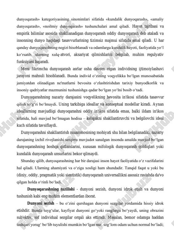 lar ayniqsa kuchli ta'sir ko‘rsatadi. xulq-atvor reaksiyalari tipining shakllanishida sub'ektning kasb-kori (amaldor, savdo xodimi, ofitser, uy bekasi, shifokor va h.k.) hal qiluvchi ahamiyat kasb etadi. oddiy dunyoqarash egasi dunyoga munosabatning o‘z muhitiga ayniqsa xos bo‘lgan andozalarini umumlashtirib, ularni harakatlar va qarashlarning o‘zgartirish oson bo‘lmagan muayyan mezoniga aylantiradi. «oddiy dunyoqarash» kategoriyasining sinonimlari sifatida «kundalik dunyoqarash», «amaliy dunyoqarash», «noilmiy dunyoqarash» tushunchalari amal qiladi. hayot tajribasi va empirik bilimlar asosida shakllanadigan dunyoqarash oddiy dunyoqarash deb ataladi va insonning dunyo haqidagi tasavvurlarining tizimsiz majmui sifatida amal qiladi. u har qanday dunyoqarashning negizi hisoblanadi va odamlarga kundalik hayoti, faoliyatida yo‘l ko‘rsatib, ularning xulq-atvori, aksariyat qilmishlarini belgilab, muhim regulyativ funksiyani bajaradi. meni fikrimcha dunyoqarash asrlar osha davom etgan individning ijtimoiylashuvi jarayoni mahsuli hisoblanadi. bunda individ o‘zining voqyelikka bo‘lgan munosabatida jamiyatdan olinadigan ne'matlarni bevosita o‘zlashtirishdan tarixiy bunyodkorlik va insoniy qadriyatlar mazmunini tushunishga qadar bo‘lgan yo‘lni bosib o‘tadi. dunyoqarashning nazariy darajasini voqyelikning bevosita in'ikosi sifatida tasavvur qilish to‘g‘ri …