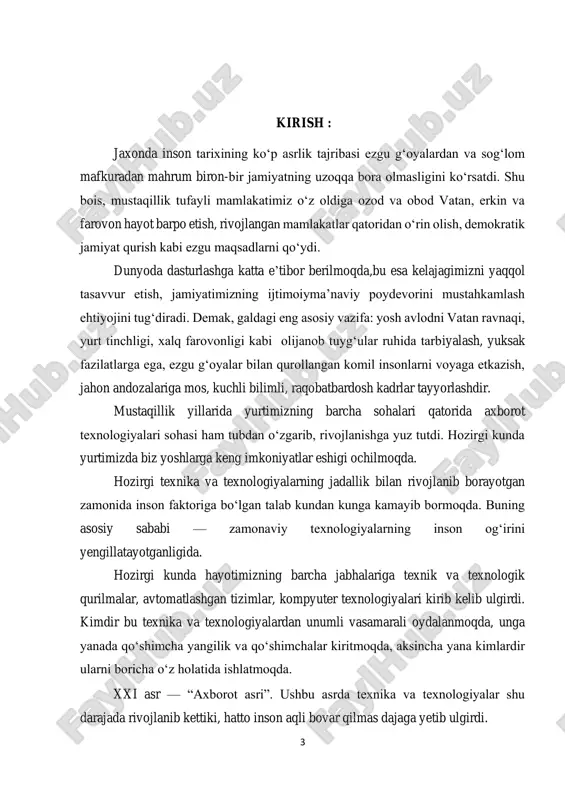 rlari dasturlarining ahamiyatini tushuna olmaydi. kurs ishining maqsad va vazifalari: tashkilot xodimlari ish rejimini nazorat qilish dasturining tuzilishi, modellari va texnologiyalarini to‘g‘ri tadbiq etish va maxsus ishlanmalar ishlab chiqish, namunalar taqdim etish va amaliyotga joriy etish. kurs ishning maqsadidan quyidagi vazifalari hal etish lozim deb hisoblandi: - c#da formalar oynasining foydalanishning ayrim xususiyatlarini ochib berish; - dasturiy ta’minotlar bozorida c# va access da ishlashning qulayliklarini, o‘rnini ko‘rsatib berish; - visual studio formalar oynasi tuzulishi va modellarining amaliyotda qo‘llash maqsadida ishlanmalar ishlab chiqish; - tajriba-sinov ishlarini tashkil qilish va olingan natijalarni tahlil qilish. kurs ishining tuzilishi: kurs ishi kirish qismi, ikki bob, xulosa va il miyamaliy tavsiyalar hamda foydalangan adabiyotlar ro‘yxatidan iborat. 5 kurs ishi tuzilmasining tavsifi: mazkur tadqiqot ishi kirish, tanlangan ob’ektlar va tadqiqot usullari, kurs ishi boblari, xulosa hamda foydalanilgan adabiyotlar ro‘yxatidan iboratdir. kurs ishining kirish qismida qaralayotgan ishning dolzarbligi, ishning maqsadi, ishning ilmiyligi, tadqiqotning amaliy ahamiyati va kurs …