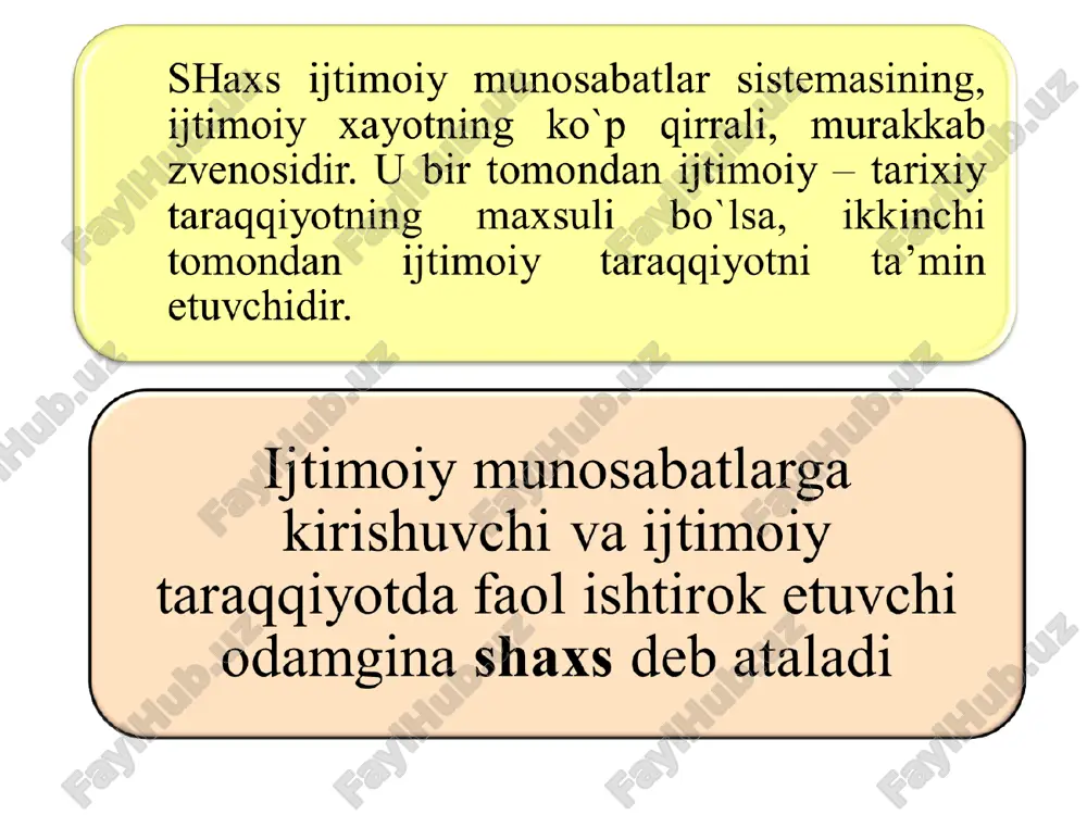 i unda ishonchsizlik, umidsizlik xolatlari xosil bo`ladi. buni frustrasiya deyiladi. frustrasiya kishini tajang, tajovuzkor, qo`pol qilib qo`yishi yoki aksincha uni yuvosh qilib qo`yishi mumkin. o`quvchilarga tarbiya berishda frustratsiyani oldini olib, engib bo`lmaydigan narsa yo`qligini, bu qiyinchiliklar vaqtincha ekanligini aytib, ishontirib ularda istiqbolni yaratish kerak. shaxs ijtimoiy, aniq – tarixiy sharoitlarda yashashi, ta’lim-tarbiya olishi tufayli tarkib topadi. shaxs taraqqiyotining xarakatlantiruvchi kuchi nimadan iborat? bu masalani xal qilish yuzasidan psixologiya tarixida ikkita oqim mavjud bo`lib, ulardan birinchisi shaxs psixik taraqqiyotining biogenetik kontseptsiyasi, ikkinchisi esa sotsiogenetik kontseptsiyasidir. biogenetik kontseptsiyaga ko`ra inson shaxsining taraqqiyoti biologik faktor, ya’ni nasliy faktor bilan belgilanadi. bu kontseptsiyaga ko`ra, odam psixik faoliyatining shakllarigina emas, balki bu faoliyat shakllarining mazmuni ham go`yo tug`ilishidan peshonasiga yozib qo`yilgan emish, odamning psixik taraqqiyot bosqichlari va ularning yuzaga kelish tartiblari avvaldan belgilanib qo`yilgan emish. biogenetiklar pedagoglardan bolada taqdir yo`li bilan qanday shaxsiy sifatlar yuzaga kelishini bilib turishni, lekin ularning yuzaga kelishiga qarshilik qilmaslikni, aksincha …