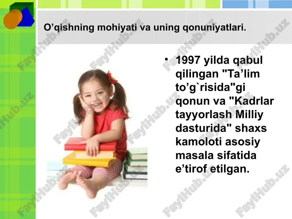 ta’lim va rivojlanish muammosiga doir qator nazariyalar ishlab chiqilgan bo’lib, ulardan biri: ta’lim va rivojlanish muammosiga doir qator nazariyalar ishlab chiqilgan bo’lib, ulardan biri: aqliy hatti-harakatlar, bilimlar, malaka va ko’nikmalarni bosqichma-bosqich rivojlantirish nazariyasi (p.ya.galperin). xulosa umumiy psixologiya kursidan ma’lumki, idrok bu narsa va hodisalarni sezgi organlariga ta’sir etishi natijasida ularning kishi psixikasida yaxlit obrazini paydo bo’lishi bo’lib, idrok etish jarayoni ta’limda turli formalarda o’qituvchining og`zaki xikoya qilishida, suxbat o’tkazishda, lekstiya o’qishida, ko’rgazmali qurollar ko’rsatish, ekskursiyalar o’tkazish, axborot va pedagogik texnologiyalaridan foydalanish, o’quvchining o’ziga darsliklar hamda boshqa qo’llanmalarni o’qitish tarzida o’tishi mumkin. ta’lim olish jarayoni insondagi motivlar bilan bevosita bog`liq bo’lib, uning mohiyati - inson xulq-atvorining ichki barqarorligi, harakatga undovchi tushunchada ifodalanadi. ta’lim jarayonida o’qish motivlari "nima uchun?", "nimaga?", "qanday maqsad bilan?" kabi savollar asosida yuzaga keladi. motivlar birinchidan, o’quv faoliyatiga undasa, ikkinchidan, maqsadga erishish uchun zarur yo’l va usullar tanlashga yordam beradi. o’quv faoliyatida o’quv motivlar o’quvchilar tomonidan tanlanib, ular …