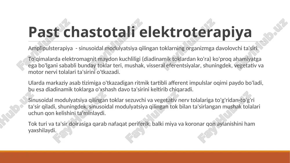 r orqali terapevtik ta'sir ko'rsatadi. mushaklarning elektr toki bilan ta’sirlantirilganda ularning bioelektrik faolligi o'zgaradi va mushaklarning qisqarishiga olib keladigan a a1 va a a2 guruh asab o’tkazgichlarining innervatsiya qiluvchi tonik va fazali tolalaridagi chandiq javoblari shakllanadi . past chastota elektrstimullyatsiya toklari (20 imp x s -1 ) asosan tonik mushaklar qisqarishiga (qizil), yuqori chastota (20-150 imp x s) esa fazoli (oq) tolalar qisqarishiga olib keladi. mushak qisqarishining impuls toklar chastotasiga bog'liqligi past chastotali toklarning modulyatsiyalangan sinusoidal toklarning miostimulyatsion ta'siriga o’xshash ravishda ularning modulyatsiyasining chastotasi va chuqurligiga bog'liq. elektr stimulyatsiyasi vaqtida yuzaga keladigan mushak tolasining qisqarishi va bo’shashishi muskul atrofiyasini oldini oladi va mushaklar motor birligining 20% dan ko'prog'i qolsa, bu qismlarni immobilizatsiya qilish jarayonida atrofiya profilaktikasida, shuningdek alohida muskullar va ularning guruhlarini maqsadli mashq qildirishda ayniqsa samaralidir. sarkoplazmada makroergik birikmalarning tarkibi (atf, kreatin fosfat va boshqalar) oshadi va qon ta'minoti va limfatik drenajni faollashgandan so'ng, trofoenergetik jarayonlar kuchayadi. past chastotalarda, …