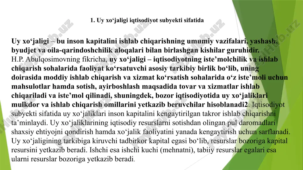 umr yo‘ldoshini tanlash va bolalarning tug‘ilishi to‘g‘risida qaror qabul qilish sotuv haqida shartnoma tuzish yordamida iste’mol tanlovining alohida holati bo‘lib qoladi. uy xo‘jaligi – bu inson kapitalini ishlab chiqarishning umumiy vazifalari, yashash, byudjet va oila-qarindoshchilik aloqalari bilan birlashgan kishilar guruhidir. uy xo‘jaligining asosida hokimlik munosabatlari yotadi – birgalikdagi iqtisodiy faoliyat ustidan nazorat qilish huquqi uning bir a’zosiga – “oila boshlig‘i”ga o‘tadi. uy xo‘jaligi insonni tashqi muhitning noaniqligidan, unga yuklatiladigan o‘yin normalari va qoidalaridan, kundalik muammolarga ortiqcha e’tibor qaratishdan saqlaydi. binobarin, institutsional muhit xususiyatlari (noaniqlik darajasi, rasmiy va norasmiy me’yorlarning o‘zaro nisbati, sodir bo‘layotgan o‘zgarishlar tezligi) uy xo‘jaligining tarkibiga ta’sir ko‘rsatadi. boshqacha aytganda, firma yoki davlatning universal modeli bo‘lmagani kabi, uy xo‘jaligining ham universal modeli mavjud emas. shu munosabat bilan uy xo‘jaligining uchta xilini yoritishga harakat qilamiz: bozor instituti hukmronligi sharoitida faoliyat ko‘rsatuvchi, buyruqbozlik iqtisodiyoti instituti hukmronligi sharoitida faoliyat ko‘rsatuvchi va buyruqbozlik iqtisodiyotidan bozor iqtisodiyotiga o‘tish sharoitida faoliyat ko‘rsatuvchi . buyruqbozlik …