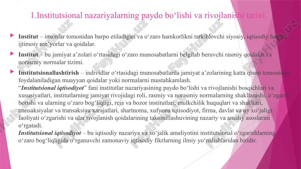 anib, alohida holatlardan umumlashtirishga tomon intildi, buning natijasida, qator iqtisodchilarning fikriga ko‘ra, umumiy institutsional nazariya yuzaga kelmadi; neoinstitutsionalizm deduktiv yo‘ldan borib, neoklassik iqtisodiy nazariyaning umumiy tamoyillaridan ijtimoiy hayotning muayyan hodisalarini izohlashga intilmoqda. 3. “eski” institutsionalizm radikal iqtisodiy tafakkur oqimi sifatida asosiy e’tiborni insonlar manfaatlarini himoyalovchi jamoalar (asosan, kasaba uyushmalari va hukumat) xatti-harakatiga qaratdi; neoinstitutsionalizm qaysi jamoa a’zosi bo‘lish uning uchun foydali ekanligini o‘z manfaatlariga amal qilgan holda hal etuvchi mustaqil individga e’tibor qaratadi. 4. “eski” institutsionalizm metodologik xolizmdan foydalanadi, uni umumiy tarzda quyidagicha ta’riflash mumkin: “institutlar birlamchi, individlar ikkilamchi”. ushbu holat neoinstitutsional nazariyaga asos qilib olindi. shu nuqtayi nazardan “eski” va “yangi” institutsional maktablarni bir-biridan farqlash lozim. ingliz iqtisodchisi j. xodjson [55] u yoki bu yo‘nalishga mansub olimlarni quyidagicha tarzda tasniflashni taklif qiladi: “eski” institutsional maktab: t. veblen, j.r. kommons, u. mitchellar, y. shumpeter, j.k. gelbreyt, f. nayt, k. polani, k. ayres, g. myurdal. “yangi” institutsional maktab: r. kouz, d. …