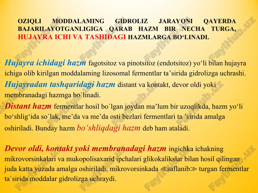 m me’daning kardial sohasigacha boradi. me’daning kardial sfinkteri luqma yaqinlashganda ochiladi va ovqat me’daga tushadi. me’dadagi hazm. me’dada oziq modda kimyoviy va mexanik ishlovdan o'tadi. bundan tashqari me’da ≪ovqat deposi≫ vazifasini ham o‘taydi. mexanik ishlov me’daning harakati va kimyoviy ishlov uning shirasi tarkibidagi fermentlari ta’sirida amalga oshiriladi. me’da quyidagi funksiyalami bajaradi: shira ajratish, motor (harakat), so ‘rish, ekskretor (mochevina, siydikkislotasi, kreatinin, og'irmetallartuzlari, yod, dorivor moddalami chiqarish), gomeostatik (phni boshqarish), gemopoezda ishtirok etishi (kasl ichki omilini ishlab chiqarish). me 'darting shira ajratish faoliyati. shira ajratish faoliyati me’daning shilliq qavatidajoylashgan bezlartomonidan amalga oshiriladi. bunda uch xil bezlar o‘z xususiyatiga ko‘ratafovutqilinadi: kardial,fiundal (me’daning hususiy bezlari) va pilorik (me’dani o‘n ikki barmoqli ichakka o ‘tadigan sohasidagi bezlar). bezlarbosh, pariyetal (qoplama), qo ‘shimcha hujayralardan va mukotsitlardan iborat. bosh hujayralar - pepsinogen, pariyetal hujayralar -xlorid kislota, qo‘shimcha hujayra va mukotsitlar-mukoid shira ishlab chiqaradi. fundal sohada har uchchala hujayralar mavjud. shuning uchun ham fundal soha shirasi fermentlarga …