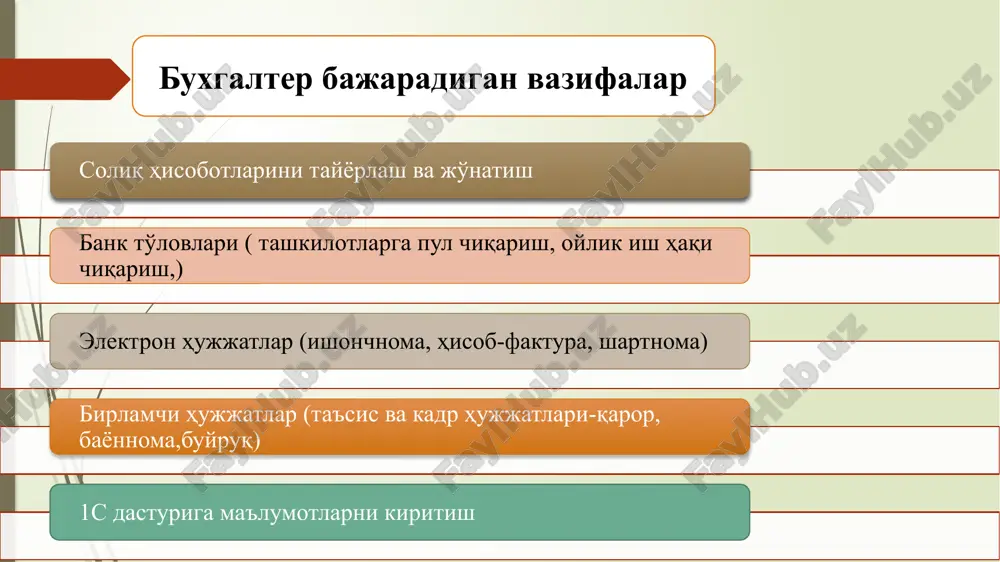 uyidagilar; -hisoblash -ikki yoqlama yozuv usulida hisob yuritish -uzluksizlik -xo’jalik operatsiyalarini pul bilan baholash -ishonchlilik -ehtiyotkorlik -mazmunning shakldan ustunligi -ko’rsatkichlarning qiyosiyligi moliyaviy hisobotdagi betaraflik -o’z vaqtida taqdim etish -tugallanganlik hisob siyosati hisob siyosati xo’jalik yurituvchi subyekt moliyaviy hisobotni tayyorlash va tuzish uchun foydalanadigan maxsus prinsiplarni, tartib va amaliy yondashuvlarni ifodalaydi. hisob siyosatini shakllantirishda subyekt tanlab olgan buxgalteriya hisobini yuritish usullari tegishli tashkiliy-farmoyish hujjati chiqarilgan yildan keying yilning 1-yanvaridan boshlab qo’llaniladi. yangi tashkil etilgan tashkilot hisob siyosatini 90 kun ichida rasmiylashtirishi shart/ hisob siyosati yil davomida o’zgartirilmaydi hisob siyosatiga quyidagi hollarda o’zgartirish kiritishga yo’l qo’yiladi korxona qayta tashkil etilganda (qo’shib yuborilganda, bo’linganda) mulk egalari almashganda buxgalteriya to‘g‘risidagi qonunchilik hujjatlarida o‘zgartirish kiritilganda /docprops/thumbnail.jpeg