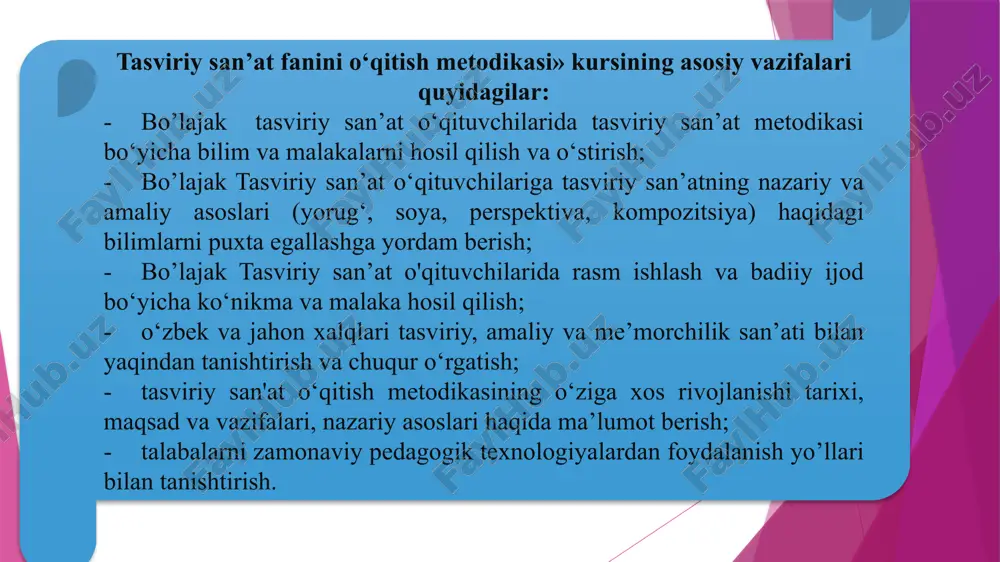 &pid=18568ca4f0cc rasm chiza bilish va hamma masalalarga ijodiy yondashish barcha sohalarda zarurdir. ijodiy yondashish butunlay yangi g‘oyalar va tasawurlami vujudga keltiradi, shaxsni badiiy rivojlantirishda muhim o‘rinni egallaydi. metodika ta’lim-tarbiya jarayonida o'qituvchining o‘quvchilar bilan ishlash usullarining mazmunining xususiyatlariga qarab chiqadi. ma’lumki, maktabda o‘qitishning xilma-xil metodlari qo‘llaniladi. bu yerda ta’lim usuli, o‘quv materiallarining joylashishi (o‘quv, reja, dastur), ta’lim prinsiplari va yana (so‘ngida), o‘quv tarbiyaviy ishlarning umumiy maqsad va vazifalari eng muhim ahamiyatga egadir. «metod» so‘zi grekcha bo‘lib, «tadqiqot yo‘li» «bilish usuli ma’nosini anglatadi. pedagogik o‘qitish metodlari deganda, maktab o‘quvchilaming bilim, mahorat va malakalarini egallashida, ularning ijodiy qobiliyatlarini rivojlantirishda va dunyoqarashini tarkib toptirishda o‘qituvchilarning qo‘llagan ish usullari tushuniladi. metodika so‘zi avvalo ta’lim va tarbiyaning samarali usullarini majmui ma’nosini bildiradi, mazkur darslik umumta’lim maktablarining boshlang‘ich sinflarda tasviriy san’atni o‘qitish metodikasining bir qator jihatlari ko‘rib chiqiladi. tasviriy san’at o‘qitish metodlari deganda - o‘qituvchining o‘quvchilar bilan ishlash usullari natijasida o‘quv materiallarini yaxshi bilib olish darajasiga erishish …