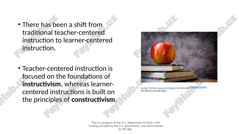 wn learning. this is a program of the u.s. department of state, with funding provided by the u.s. government, and administered by fhi 360 learning theory: constructivism (traditional vs. modern approaches) constructivism became popular in 1980s and it created a foundation for modern learning approaches. according to constructivism, learners create their own knowledge based on their experiences and interactions with the world. learners continuously create and refine new knowledge based on their ongoing experiences. examples of constructivist strategies include critical thinking, synthesizing, and reflection strategies. this is a program of the u.s. department of state, with funding provided by the u.s. government, and administered by fhi 360 communicative language teaching (clt) the communicative language teaching (clt) is a popular teaching approach. it is founded in the constructivist theory. clt focuses on using language for communication. learners learn language by developing skills to communicate and interact in desired contexts (i.e., school, …