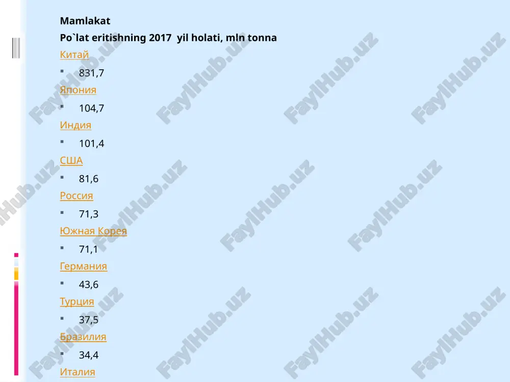 lerodli asbobsozlik po‘latlarining u7, u8, u8g, u9, u10, u11, u12 va u13 markalari ishlab chiqariladi. raqamlar uglerod miqdorining o`nli ulushini bildiradi. raqamdan keyingi g harfi po‘latda marganets miqdori ko‘p ekanligini bildiradi. yuqori sifatli uglerodli asbobsozlik po‘latining markasida a harfi bo‘ladi. masalan, u12a, bu tarkibida 1,2% uglerod bo‘lgan yuqori sifatli asbob­sozlik po‘lati ekanligini bildiradi. korroziyaga chidamli po‘latlar korroziyaga chidamli (yoki zanglamaydigan) po‘latlar deb, agressiv muxitlarda yuqori ximiyaviy barqaror bo‘lgan po‘latlarga aytiladi. korroziyaga chidamli po‘latlar kam yoki o‘rtacha uglerodli po`latlarni xrom, nikel, titan, alyuminiy, marganets bilan legirlab olinadi. korroziyaga qarshi xossalar po‘latga ko‘p miqdorda xrom yoki xrom va nikel qo`shib hosil qilinadi. image2.jpeg image3.jpeg image4.jpeg image5.jpeg image6.jpeg image7.jpeg image8.jpeg image9.jpeg image10.jpeg image11.jpeg /docprops/thumbnail.jpeg
