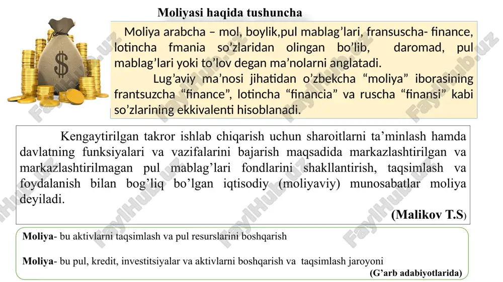 xil pul oqimlari ko'rinishida ifodalangan pul munosabatlarining keng doirasini qamrab oladigan moliya tizimining mustaqil sohasidir. davlat moliyasi taqsimlash - milliy daromadning taqsimlanishi nazorat: yaimning tegishli tartibda taqsimlanishi va taqsimlangan mablag’larni maqsadga muofiq sarflanishi ustidan nazoratni amlaga oshirish iqtisodiyotning barqarorligini ta’minlash: qamrovi funksiyalari davlat moliyasi - davlat ixtiyorida pul jamgʻarmalarining tashkil etilishi, taqsimlanishi va sarflanishi sohasidagi moliyaviy munosabatlar. davlat daromatlari: hukumat daromadlari. soliq daromadlari yoki soliqsiz daromadlar bo'lishi mumkin davlat xarajatlari:davlat xarajatlari. sog'liqni saqlash, ta'lim uchun davlat organlari tomonidan yuborilgan pullar davlar qarzi: davlat xarajatlari davlat daromadlaridan oshganda yuzaga keladi moliyaviy boshqaruv:davlat budjetini tayyorlash, qabul qilish va ijro etish va davlat siyosatini o'zgartirishni o'z ichiga oladi davlat moliyasi iqtisodiyotda davlatning ro’lini o’rganuvchi moliya sohasi hisoblanadi davlat moliyasining tarkibiy qismlari budjet daromadlari budjet xarajatlari davlat budjeti davlat qarzlari moliyaviy boshqaruvi davlat moliyasining maqsadlari: jamoat ehtiyojlarini boshqarish iqtisodiy rivojlanish daromadlar tengsizlikni qisqartirish narxlar barqarorligini ta’minlash boshqa maqsadlar xalqaro bozorlarda valyuta qaymatini saqlash iqtisodiyot …
