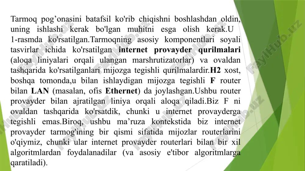 iladi. shundan so'ng, 1-paket e ga boradi, u erdan mahalliy tarmoq routeriga, f ga yetkaziladi. f ga kelganda, u lan orqali kadr ichida h2 xostiga uzatiladi. 2 va 3-paketlar bir xil yo'nalish bo'ylab boradi. 2-rasm. deytagrammali tarmoq osti ichida marshrutlash. butun internetning asosi bo'lgan ip (internet protocol) oldindan aloqa o’rnatishsiz tarmoq xizmatining eng yorqin namunasidir. har bir paketda marshrutizator paketni alohida yuborish uchun foydalanadigan maqsadli (qabul qiluvchi) ip-manzil mavjud.ipv4 paketlari 32 bitli manzillardan foydalanadi, ipv6 esa 128 bitli manzillardan foydalanadi. ip protokollari haqida batafsilroq boshqa mavzularda gaplashamiz. misol sifatida 3-rasmda tasvirlangan holatni qaraymiz.h1 xost h2 xost bilan bog’lanish o’rnatgan. bu bog’lanish eslab qolinadi va barcha marshrutlash jadvallari uchun birinchi yozuvga aylanadi. demak, a marshrutizatorning birinchi satri shuni bildiradiki, agar bog’lanish identifikatori 1 bo’lgan paket h1 xostdan kelgan bo’lsa, demak uni 1 bog’lanish identifikatori bilan c marshrutizatorga yo’naltirish kerak. c marshrutizatorning birinchi yozuvi ham xuddi shu kabi paketni 1 bog’lanish identifikatori …