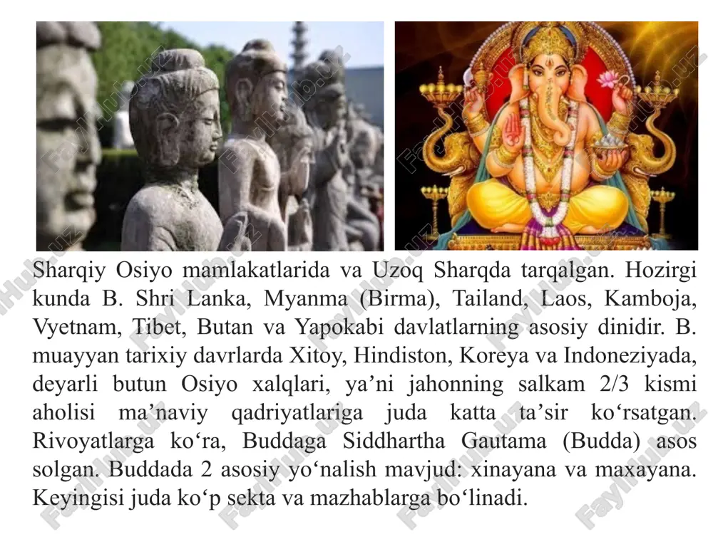 i hisoblanadi. buddaviylik milodning i asrida xitoyga tarqalgan bo‘lsa, iv asrda koreyaga, vi asrda yaponiyaga, vii asrda tibetga yoyildi. shunday bo‘lsa–da, xii–xvi asrlarda mo‘g‘ulistonga, xvi–xvii asrlarda buryatiya va tuvaga, xix–xx asrlarda amerika va yevropa qit’asiga kirib bordi. xii–xiii asrlarda hindistonning shimoliy hududida boburiylar sulolasi xukmronligi o‘rnatilishi va islomning tarqalishi, qolgan hududlarda hinduiylik dinining to‘la qaror topishi natijasida buddaviylik o‘zi paydo bo‘lgan vatani hindistondan siqib chiqarilganini alohida qayd etish lozim. buddaviylik miloddan avvalgi vi–v asrlarda shimoliy hindistonda vujudga keldi. bu davrga kelib ko‘p xudolikka asoslangan vedachilik, braxmanlik, jaynizm yangi ijtimoiy sharoitga javob bera olmay qolgan edi. buddaning bo‘ysunish va itoatkorlik, azob–uqubatlardan qutulishning asosiy yo‘li, aql farmoniga bo‘ysunish orqali inson oliy saodatga erishishi mumkinligi haqidagi g‘oyalari o‘sha davr ijtimoiy–siyosiy va ma’naviy hayotini yorqin aks ettirar edi. tripitaka – siddxarta gautama vafoti (nirvana erishgan)dan so‘ng qisqa vaqt o‘tib (mil.av. v-iii asrlar) yaratilgan buddizm muqaddas matnlari to‘plami. u ko‘p asrlar davomida og‘zaki shaklda bo‘lib …