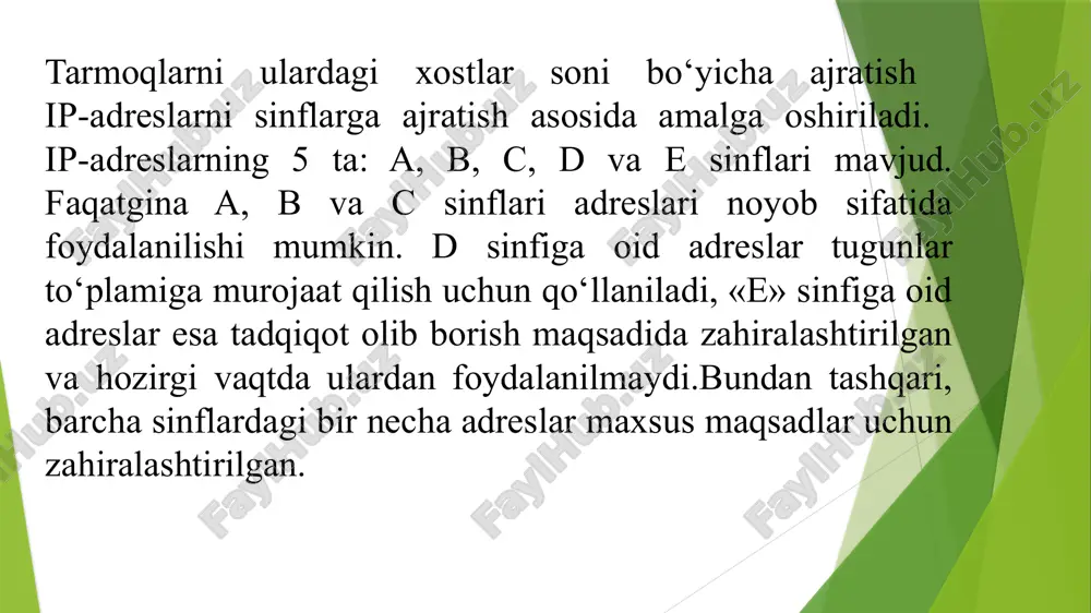 ti adreslari lokal ravishda beriladi. boshqa ip - adreslari singari, tarmoq ostining har bir adresi noyobdir. ipv4 va ipv6 larda ishlash uchun qulayroq bo‘lgan yozuvning muqobil shakli bo‘lib, x:x:x:x:x:x:d.d.d.d xizmat qiladi, bunda «x» — adresning o‘n oltinchilik 16 bitlik kodlari, «d» esa -adresning kichik qismini tashkil etuvchi o‘nlik 8 bitlik kodlari (standart ipv4 ifodasi), misol uchun: 0:0:0:0:0:0:13.1.68.3 (siqilgan ko‘rinishda ::13.1.68.3) 0:0:0:0:0:ffff:129.144.52.38 (siqilgan ko‘rinishda ::ffff:129.144.52.38) ipv4 va ipv6 protokollarini solishtirish bu ikki protokol bir-biri bilan solishtirilganda ustunlik va kamchiliklari bor. ipv6 protokolida xavfsizlik choralari ko‘rilgani, ya’ni ipsec protokolining ishini osonlashtirish uchun qo‘shimcha maydon qo‘shilganligi, ma’lumotlarning yetib borishi sifati va ishonchliligi, ipv6 asosidagi qurilgan tarmoqning sodda arxitekturaga ega bo‘lishi,ya’ni nat - tarmoq manzillarini ishlatmagan holda end-to-end asosida ishlashni tashkil etgani uchun ham bu protokolga o‘tish eng to‘g‘ri yechimdek ko‘rinishi mumkin, ammo hozirdagi ko‘plab tarmoq qurilmalarining ipv6 protokolini qo‘llab-quvvatlamasligi, ko‘plab kontent ma’lumotlardan ipv6 orqali foydalanish ilojsiz bo‘lgani, qurilmalarni yangilash uchun esa katta xarajat …