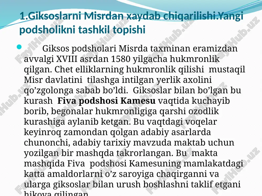 ozgan xatlarida misr bilan mitanni o’rtasida o’ta mustahkam munosabatlar o’rnatilishiga olib kelgan diplomatik muzokaralarning ayrim bosqichlari ravshan va jonli qilib tasvirlangan. misr amenxotep hukmronligi yillarida uzoq suriyadagi o’z yerlarini xettlardan himoya qilish uchun yetarli harbiy kuchga ega bo’lmaganligidan mitanni yordamiga tayanishga majbur bo’lgan. amenxotep iii (er.avv.1424-1388yillar) zamonida ahvol yanada yomonlashgan. bu vaqtda misr suriyadagi mulklarini himoya qilish uchun yetarli harbiy kuchga ega bo’lmadi. suriya shaharlari zaiflashib qolgan misrni zulmidan qutilish uchun ittifoq tuzdilar. bu ittifoqni esa xettlar qisman qo’llab-quvvatlaganlar. bu ittifoqning boshida turgan suriya hokimi aziru suriyani misr ta'sirining qolgan-qutgan qo`shinlaridan ham ozod qilish uchun qattiq kurash olib borgan. suriya va finikiyaning misrga sodiq bo’lgan ko’p shaharlari xettlar va aziru qo’shinlarining hujumlaridan o’zlarini arang himoya qilib turganlar. bu shaharlarning ba'zilari misr fir'avnidan yordam so’raganlar. mashhur amenxotep iv exnaton (er. avv. 1365-1348-yillar) davrida misrni tashqi siyosiy ahvoli yomonlashadi, mitanni janubiy suriyani katta qismini bosib oladi. osiyoda yana bir raqib xett davlati …