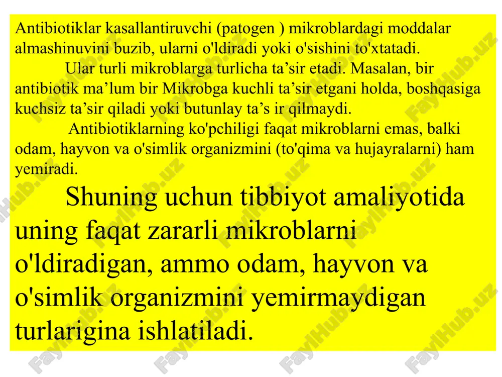 kton halqa tutuvchi birikmalar (eritromitsin, oleandomitsin). 5. levomitsetin (tabiiy turi x loramfeniol) sun’iy modda bo’ib, tarkibiga nitrofenil, dixloratsetamin, propandiol kiradi. 5. levomitsetin (tabiiy turi x loramfeniol) sun’iy modda bo’ib, tarkibiga nitrofenil, dixloratsetamin, propandiol kiradi. 6. rifamitsinlar. bu guruhga tabiiy antibiotik-rifamitsin va uning yarim sun’iy hosilasi-rifampitsin kiradi. bular murakkab kimyoviy tuzilishiga ega, makrotsiklik halqasi bor. 7. poliyenli antibiotiklar — nistatin, levorin, amfoteritsin. bular bir qancha tutash qo’shboglarga ega. antimikrob ta'sir mexanizmi bo’yicha antibiotiklar bir-biridan farq qiladi. hujayra devori, sitoplazmatik membrana, ribosoma, nukleoid kabi mikrob hujayrasi morfologik komponentlarining sintezi va funksiyasini buzuvchi antibiotiklar. mikroorganizmlar ekologiyasi. suv, tuproq, havo mikroflorasi. odam organizmi normal mikroflorasi tuproq mikroflorasi tuproq tabiiy sharoitda mikroorganizmlar uchun eng asosiy yashash va ko'payish manbai hisoblanadi. mikroorganizmlar tuproqning shakllanishida va tozalanishida, shuningdek, n, c, s, fe va boshqa moddalarning tabiatda aylanib yurishida ishtirok etadi. tuproq mikroflorasi miqdor va sifat jihatidan rang-barangdir (sporali va sporasiz bakteriyalar, aktinomitsetlar, sodda jonivorlar, zamburug'lar, ko'k-yashil suv …
