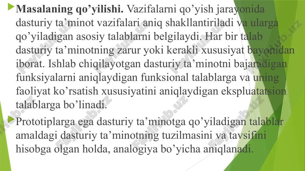 sikli modulining evolyutsiyasi oxirgi o’ttiz yil davomida dasturlashda dasturiy ta’minot hayotiy siklining quyidagi uchta modeli almashdi: kaskadli, oraliq nazoratli model, spiral model. kaskad modeli. dastlab (1970 – 1985 yillar) keyingi bosqichga o’tish oldingi bosqichning loyiha operatsiyalari to’liq tugagandan keyin va keyingi bosqich uchun barcha dastlabki ma’lumotlar olingandan keyin amalga oshirilishi tavsiya qilinadigan dasturiy ta’minotni ishlab chiqishning kaskad sxemasidan foydalanildi ushbu sxemaning afzalliklari quyidagilar hisoblanadi: to’liqlik va moslashish talablariga javob beruvchi loyiha hujjatlarini tugallangan to’plamning har bir bosqich oxirida olinadi; ishlab chiqish jarayonini loyihalashtirishning oddiyligi. oraliq nazoratli modeli. ishlab chiqish jarayonining iteratsion xususiyatlarini ta’minlovchi sxema oraliq nazoratli sxema deb nomlanadi. tugallangan har bir bosqichdan keyin ushbu sxema bo’yicha bajariladigan nazorat, zarur bo’lganda istalgan darajaga qaytarish imkoniga ega bo’ladi va zarur o’zgartirishlarni kiritadi. ushbu sxemadan foydalanishning asosiy xavfsizligi ishlab chiqarish hech qachon tugamasligi, doimo aniqlashtirish va takomillashtirish holatida bo’lganligi bilan bog’liqligi hisoblanadi. spiral modeli. muammolarni yengish uchun xx asrning 80-yili o’rtalarida spiral …